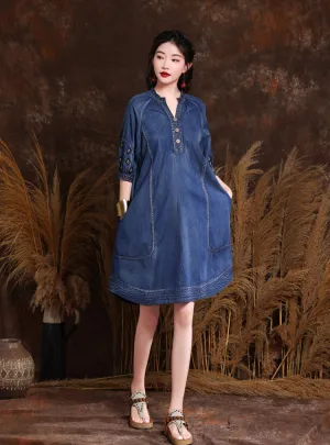 #1 Best Seller: Autumn Denim Embroidery V Neck Women Dresses  Almost Sold Out!