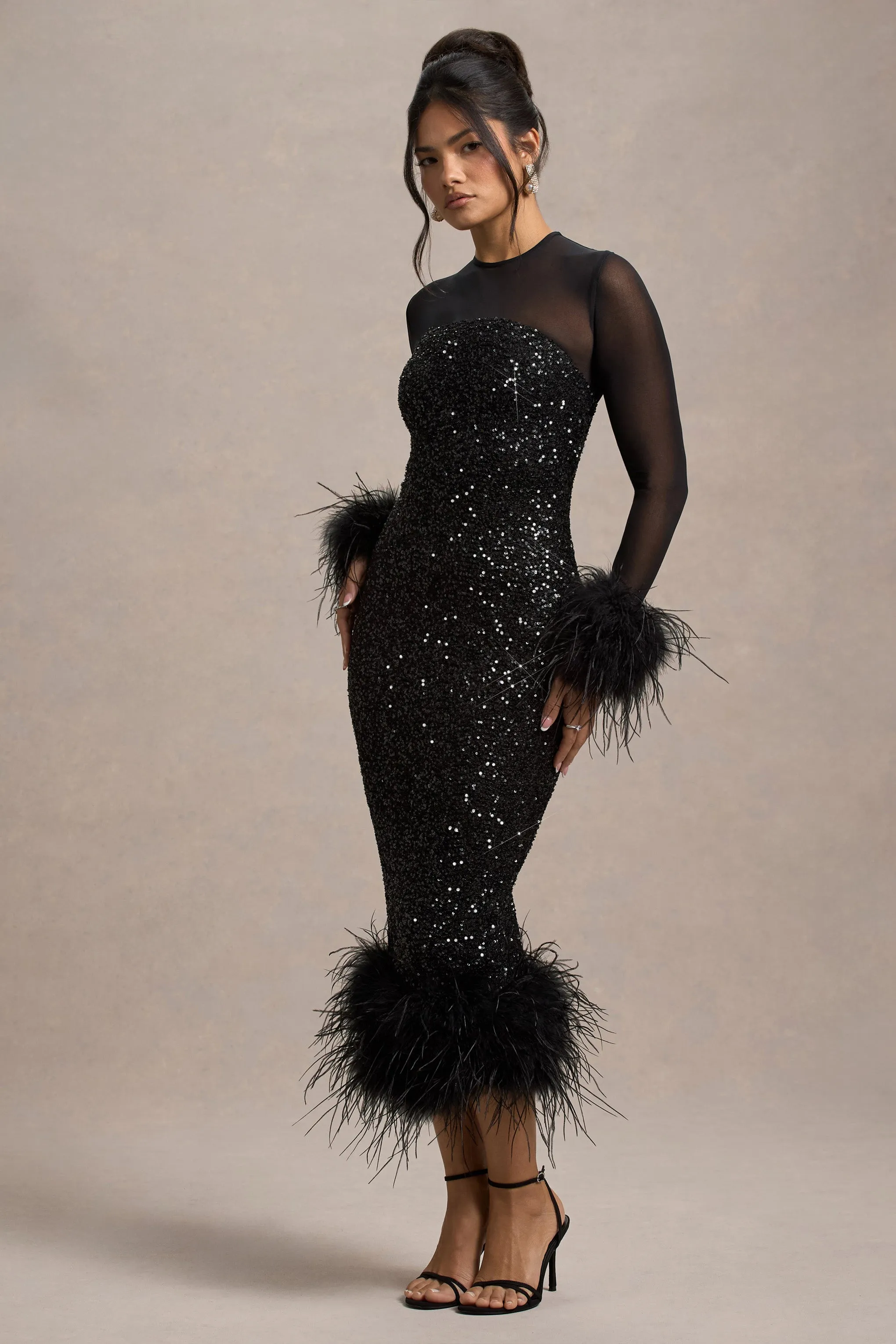 Afterglow | Black Sequin Long-Sleeve Midi Dress With Feather Trims Club L London