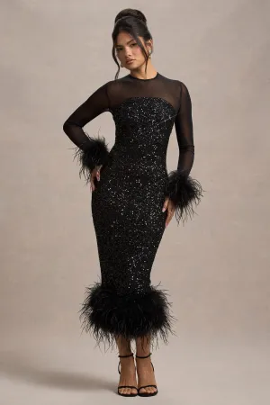 Afterglow | Black Sequin Long-Sleeve Midi Dress With Feather Trims Club L London