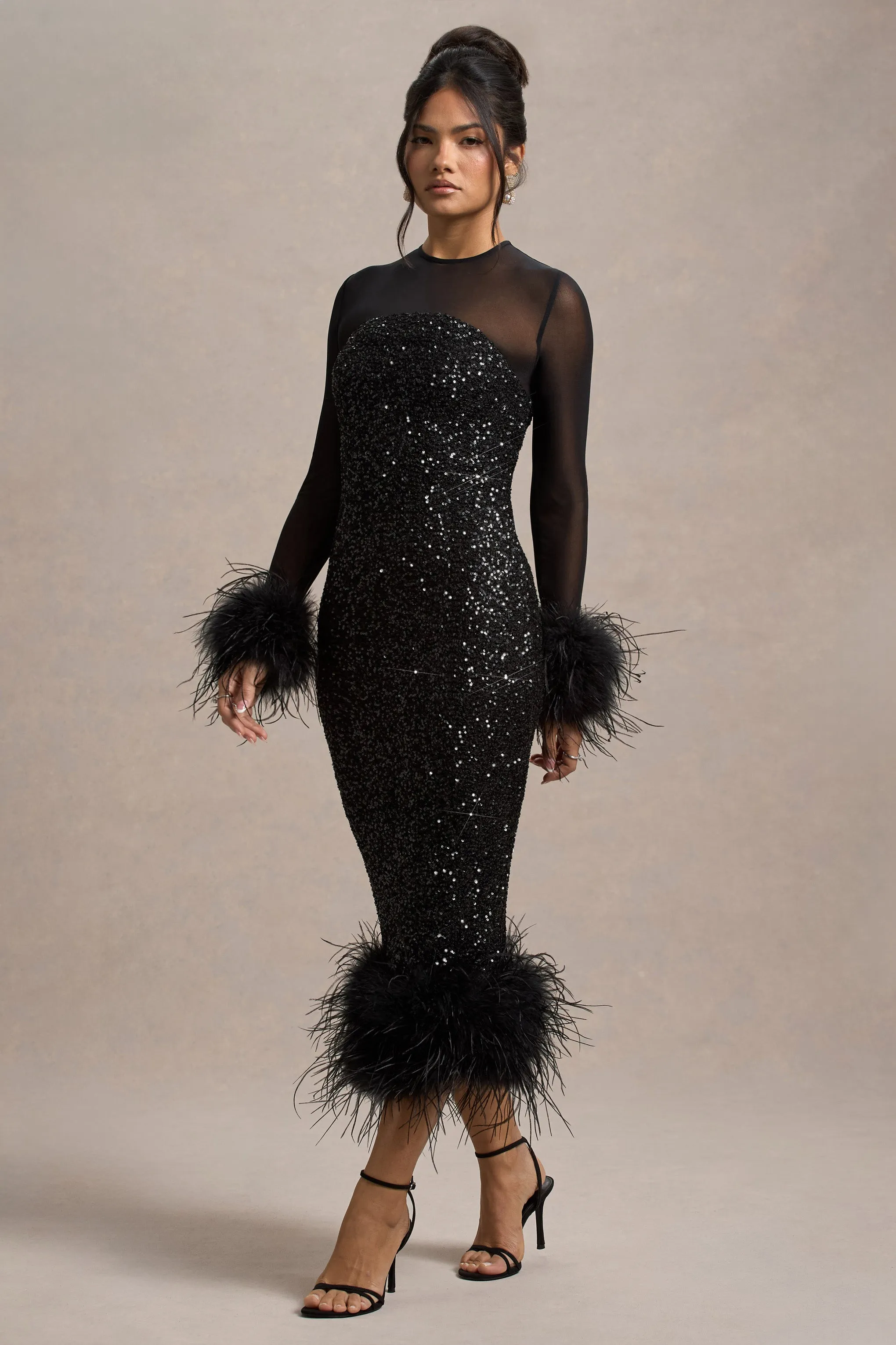 Afterglow | Black Sequin Long-Sleeve Midi Dress With Feather Trims Club L London