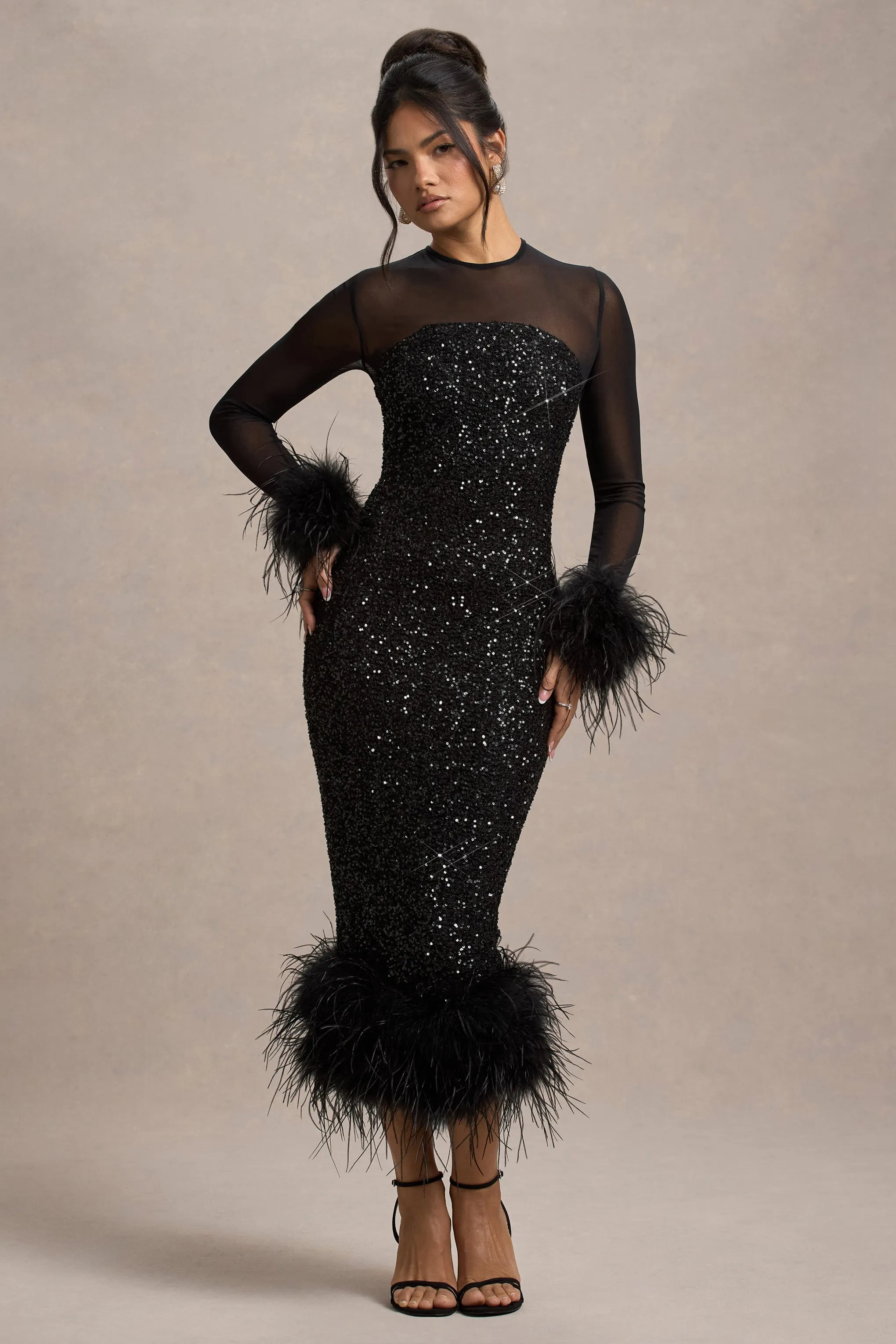 Afterglow | Black Sequin Long-Sleeve Midi Dress With Feather Trims Club L London