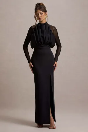 Alder | Black Mesh Long-Sleeve Ruffled Split Maxi Dress Club L London