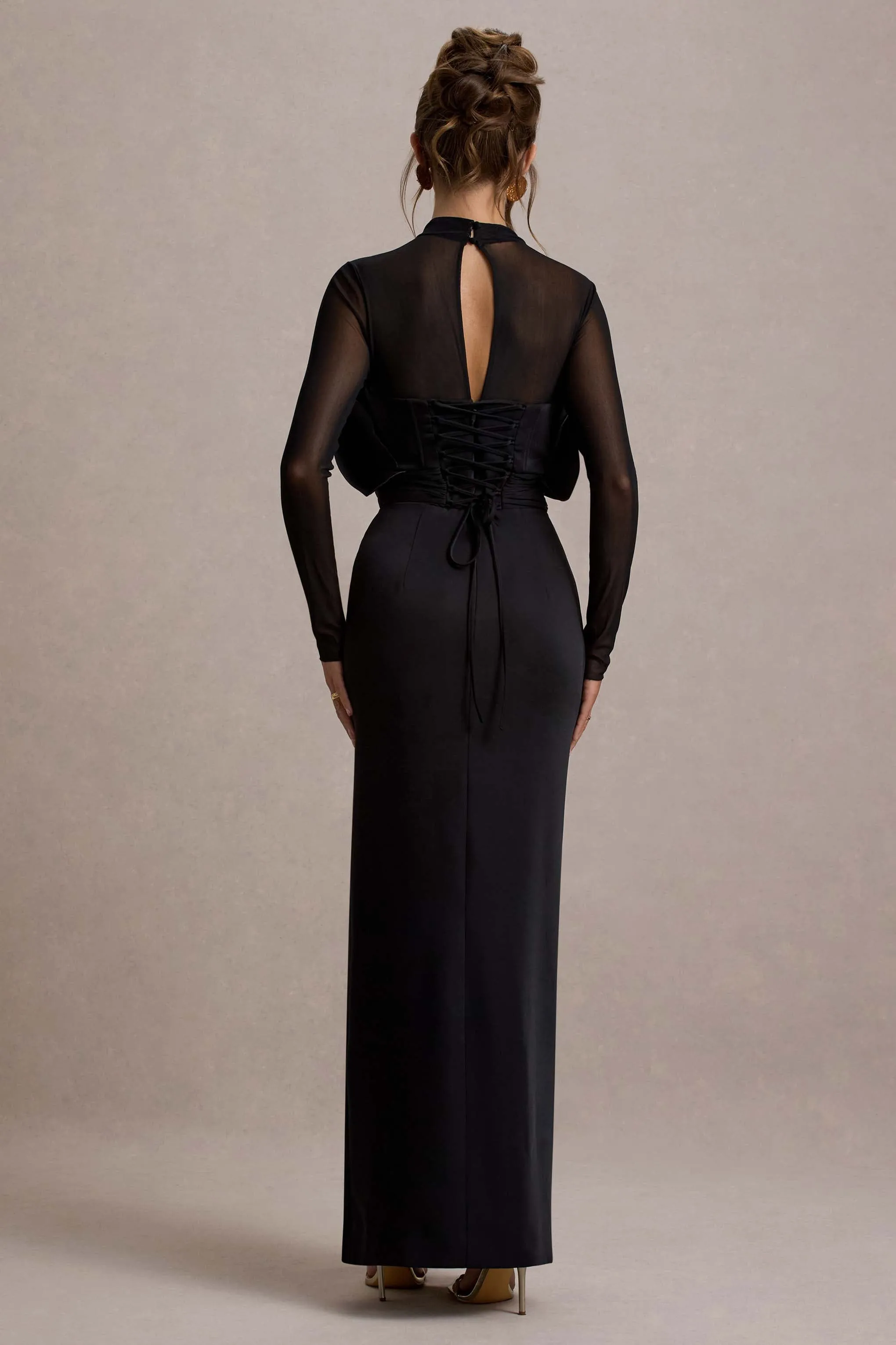 Alder | Black Mesh Long-Sleeve Ruffled Split Maxi Dress Club L London