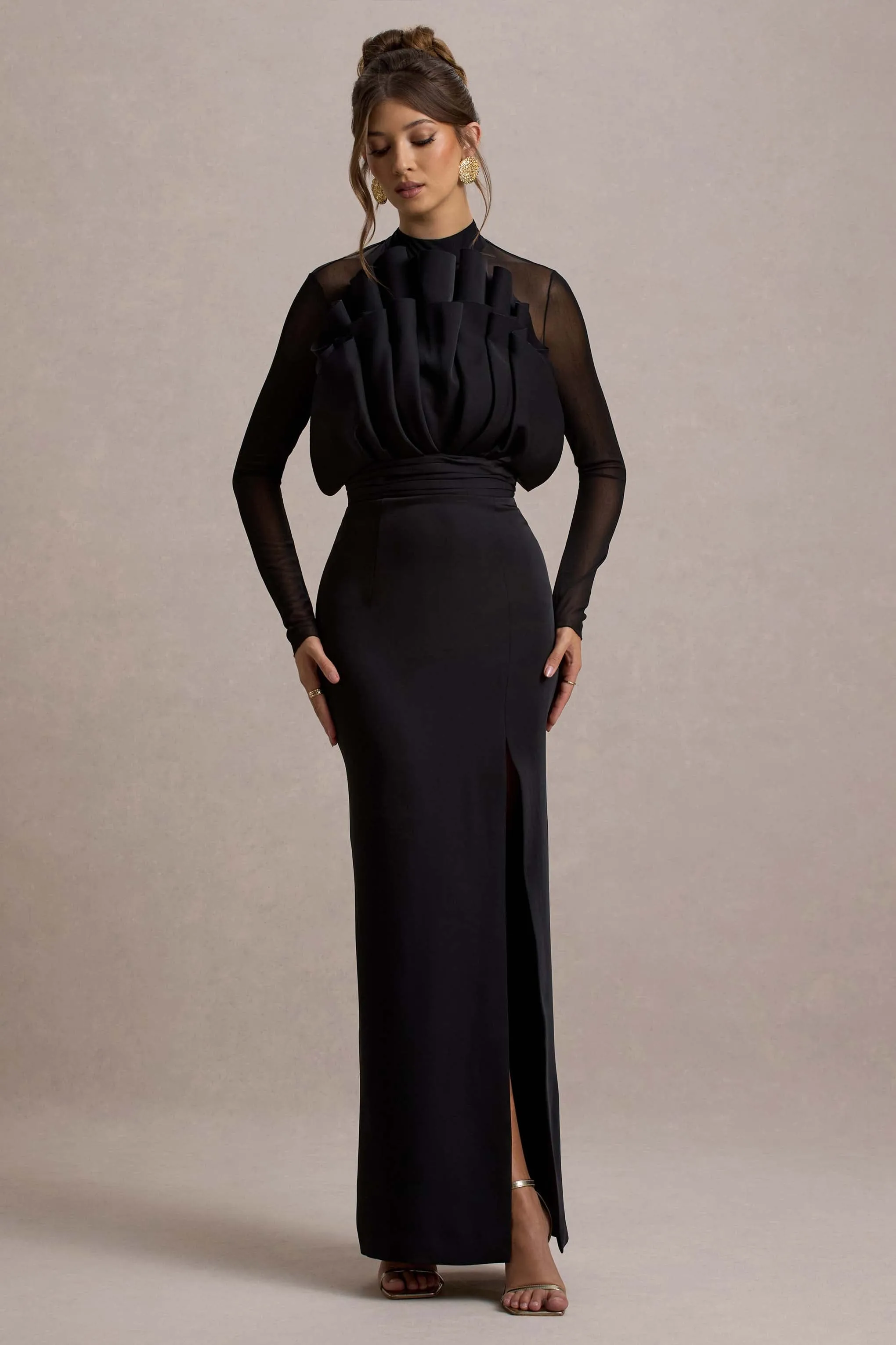 Alder | Black Mesh Long-Sleeve Ruffled Split Maxi Dress Club L London