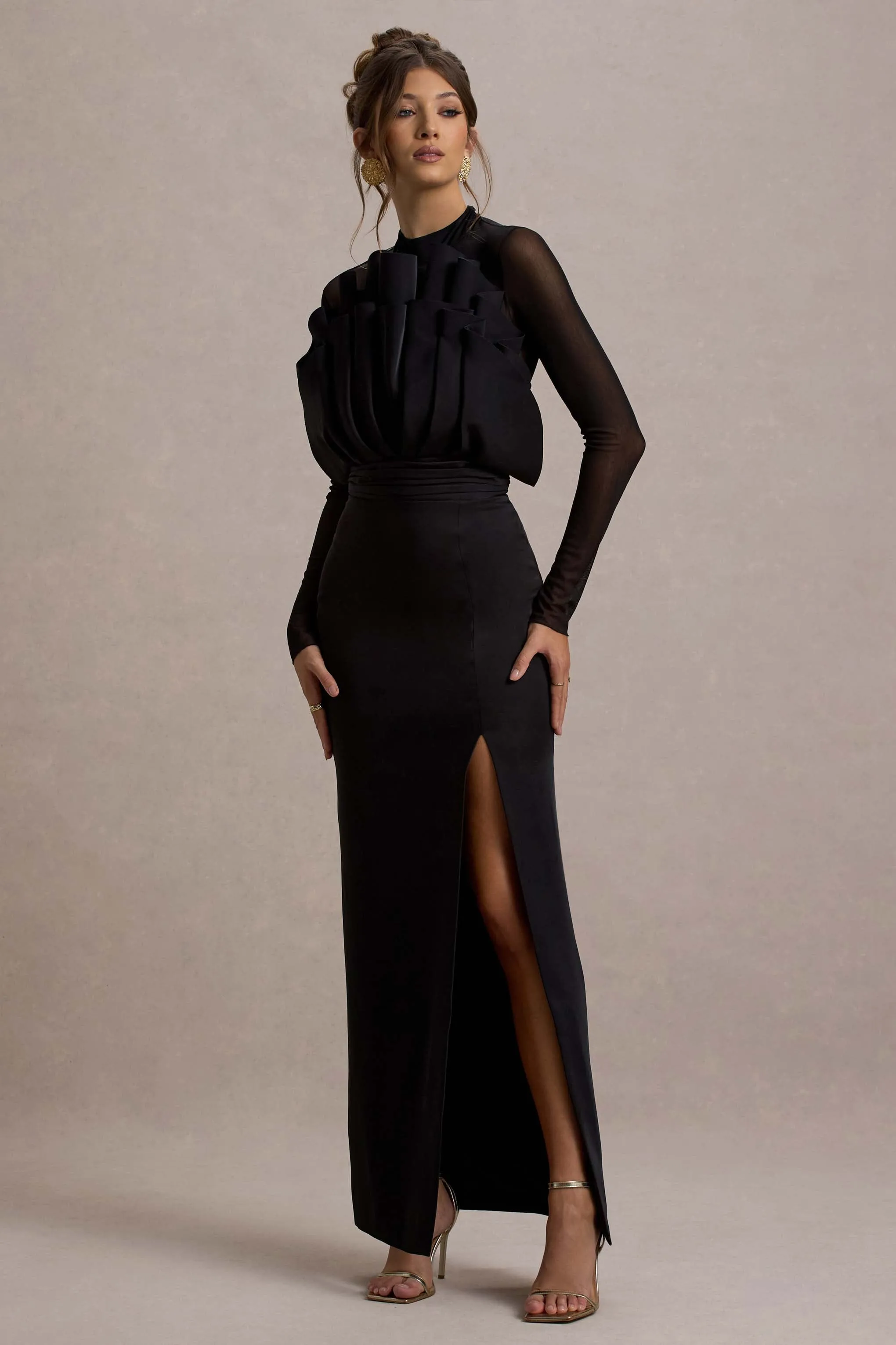 Alder | Black Mesh Long-Sleeve Ruffled Split Maxi Dress Club L London