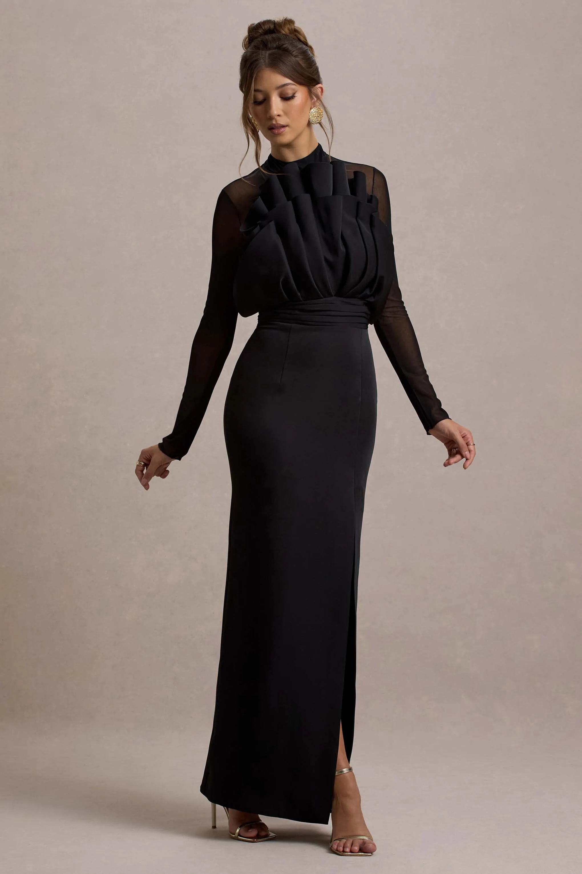 Alder | Black Mesh Long-Sleeve Ruffled Split Maxi Dress Club L London