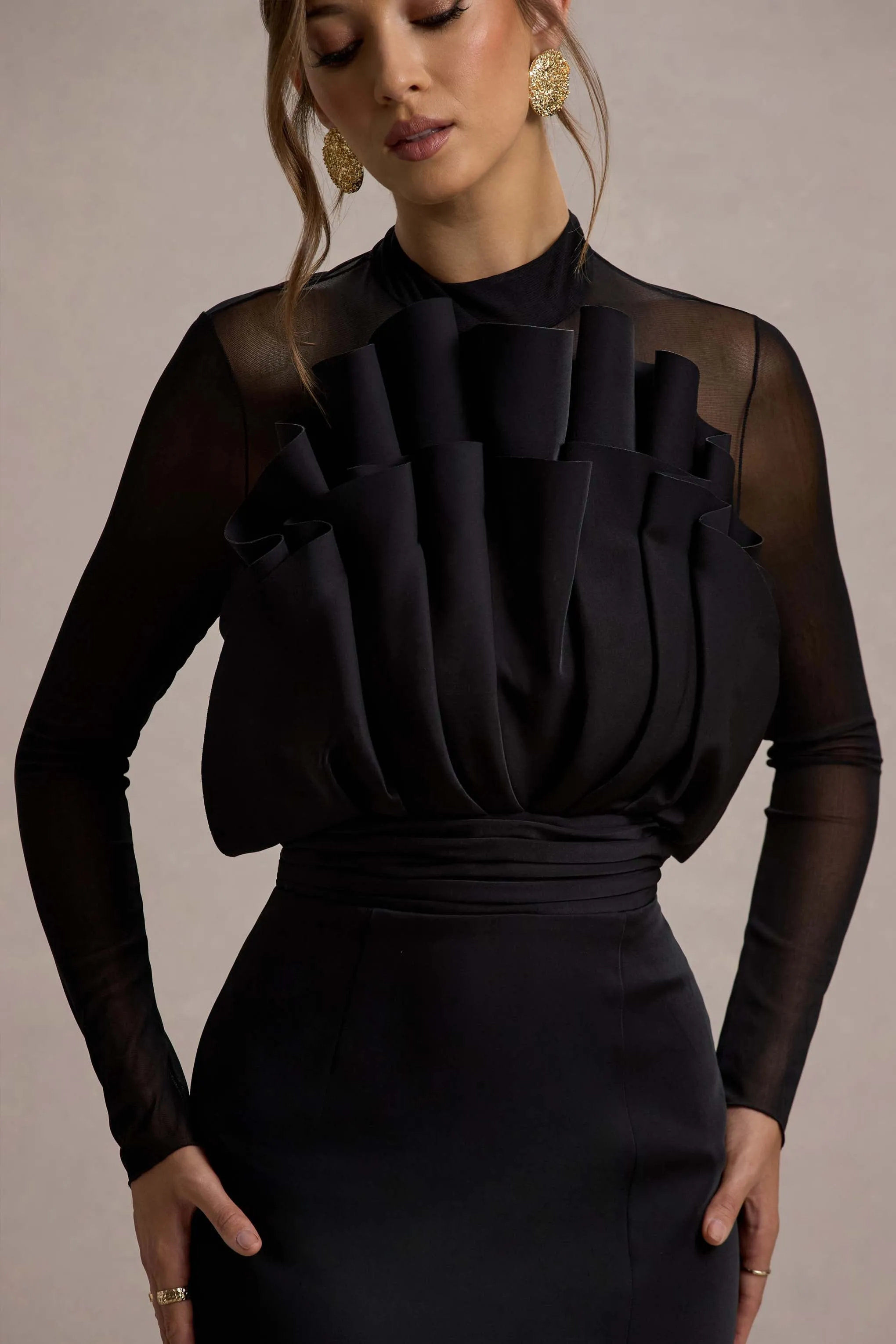 Alder | Black Mesh Long-Sleeve Ruffled Split Maxi Dress Club L London