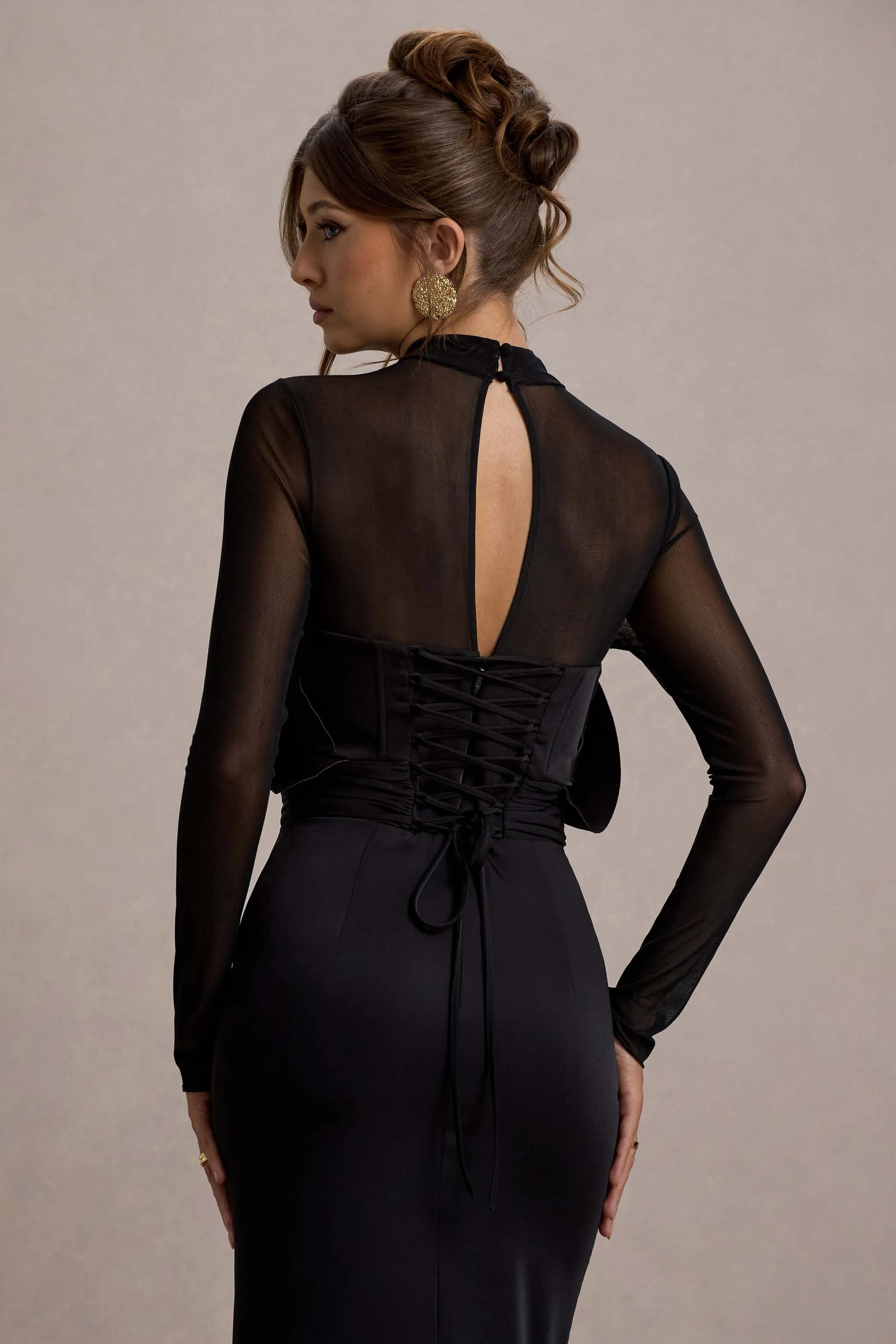 Alder | Black Mesh Long-Sleeve Ruffled Split Maxi Dress Club L London