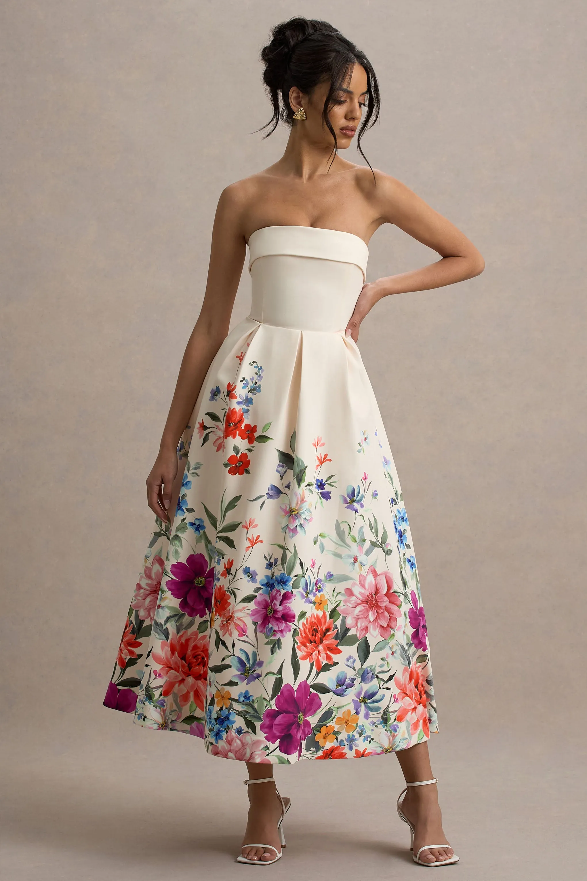 Annalise | Light Pink Floral Print Bandeau Skater Midi Dress Club L London