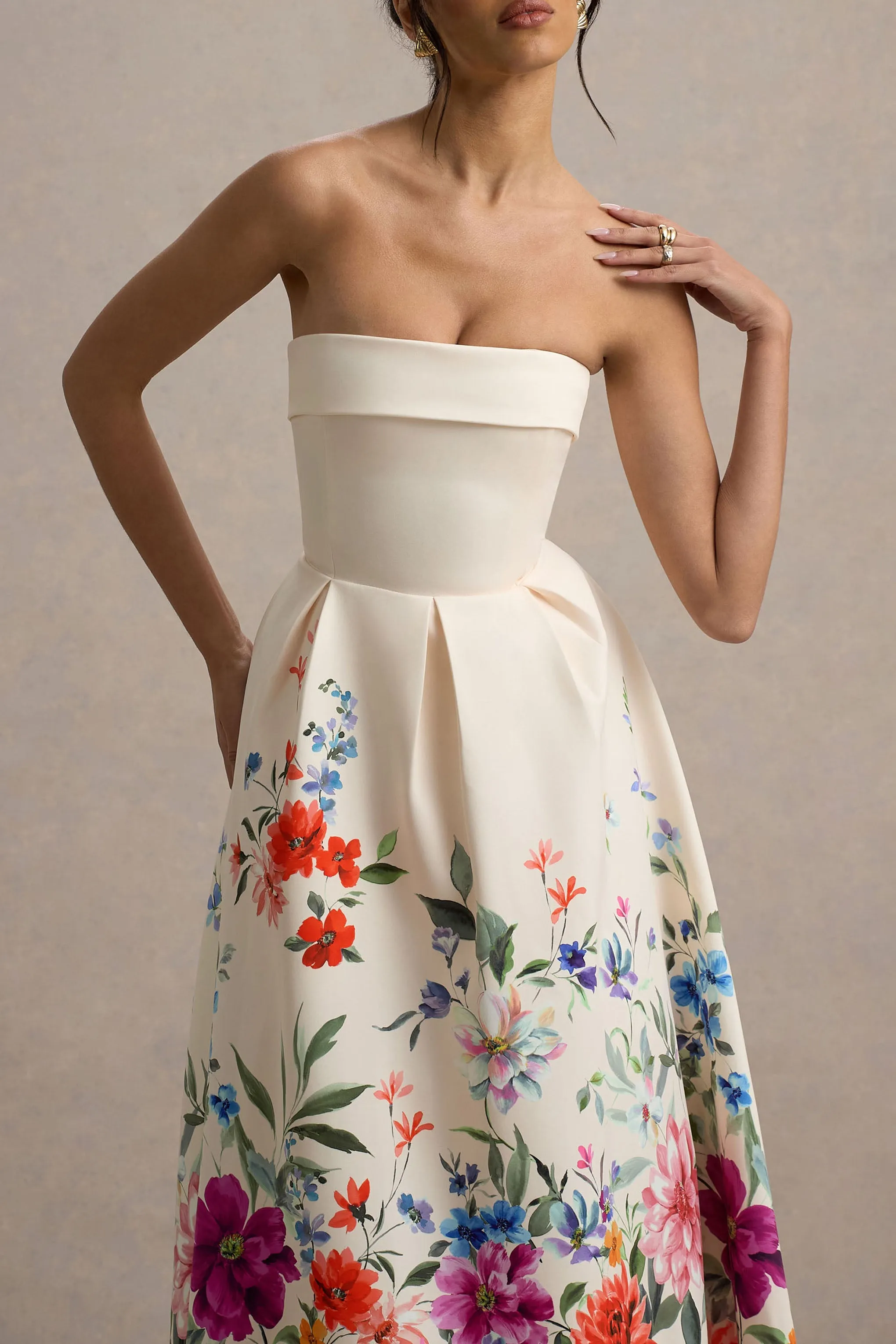 Annalise | Light Pink Floral Print Bandeau Skater Midi Dress Club L London