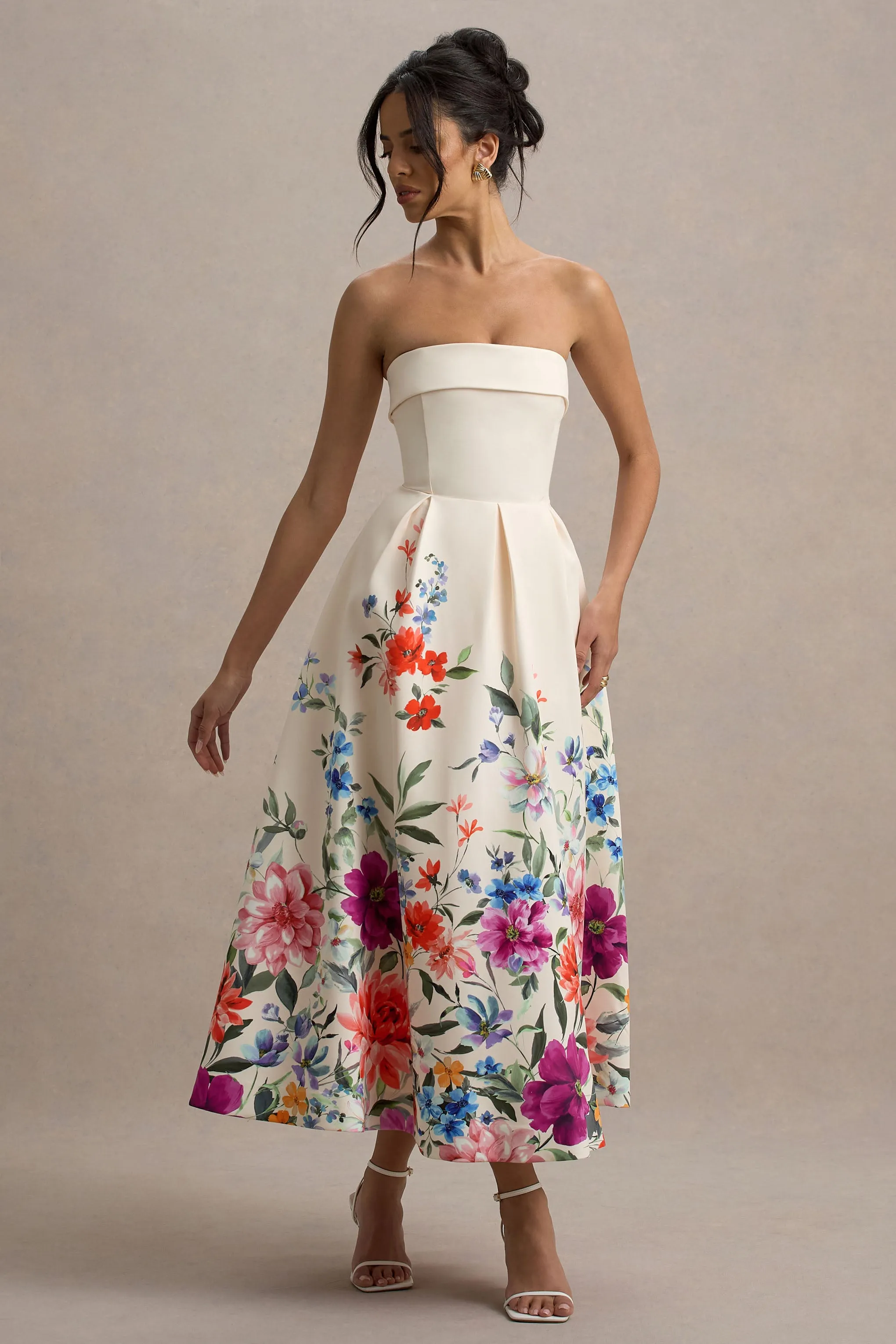 Annalise | Light Pink Floral Print Bandeau Skater Midi Dress Club L London