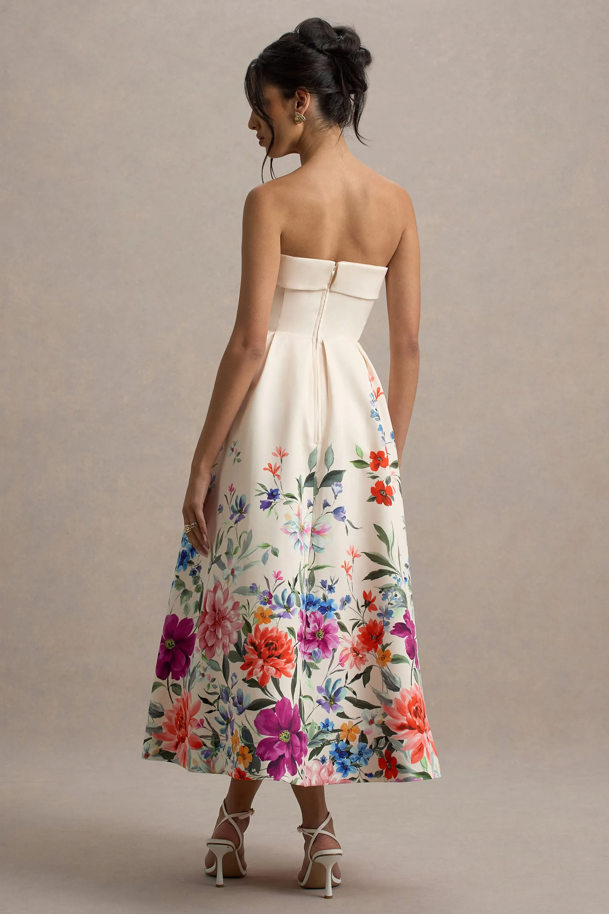 Annalise | Light Pink Floral Print Bandeau Skater Midi Dress Club L London