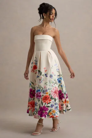 Annalise | Light Pink Floral Print Bandeau Skater Midi Dress Club L London