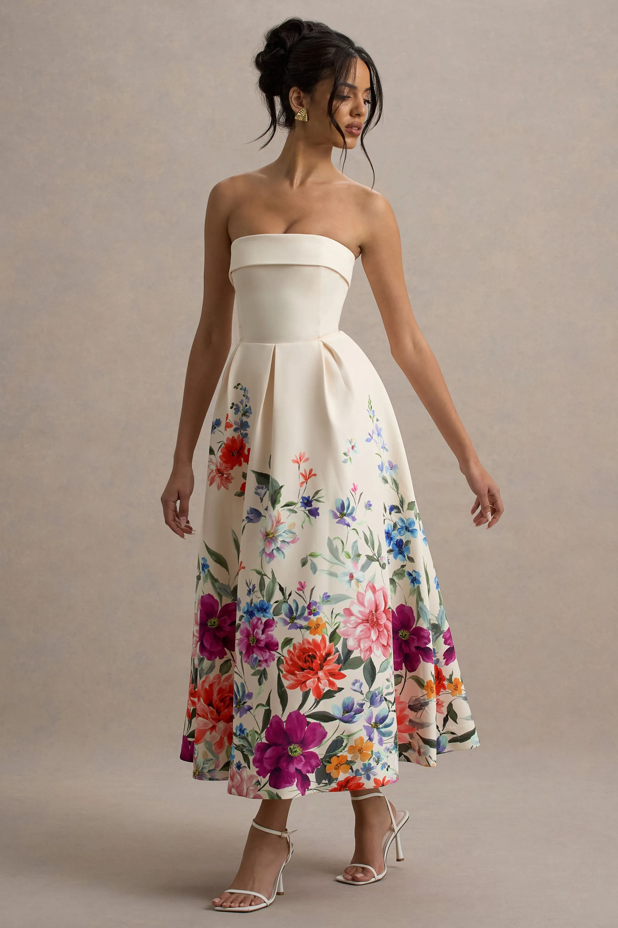 Annalise | Light Pink Floral Print Bandeau Skater Midi Dress Club L London