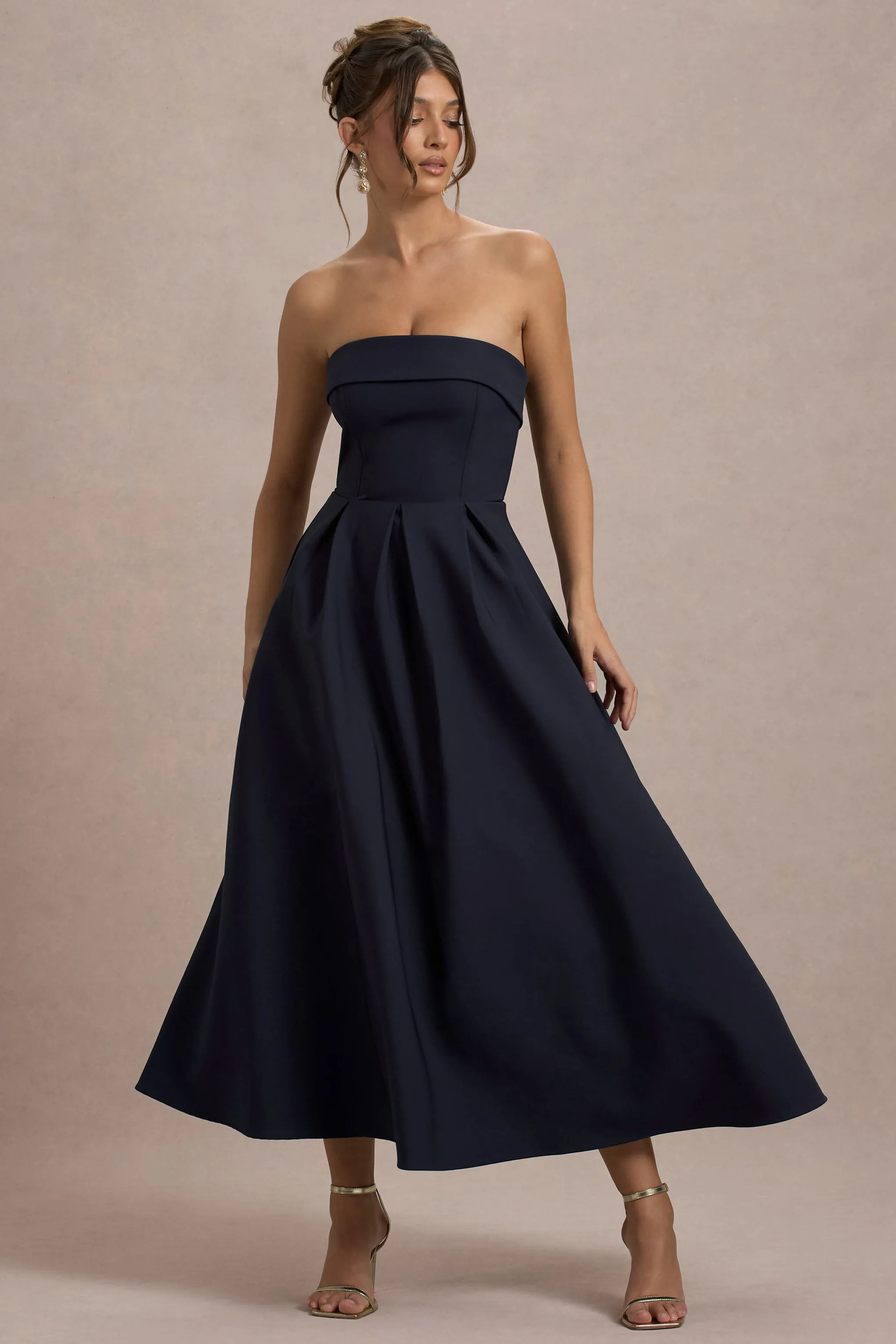 Annalise | Navy Bandeau Skater Midi Dress Club L London