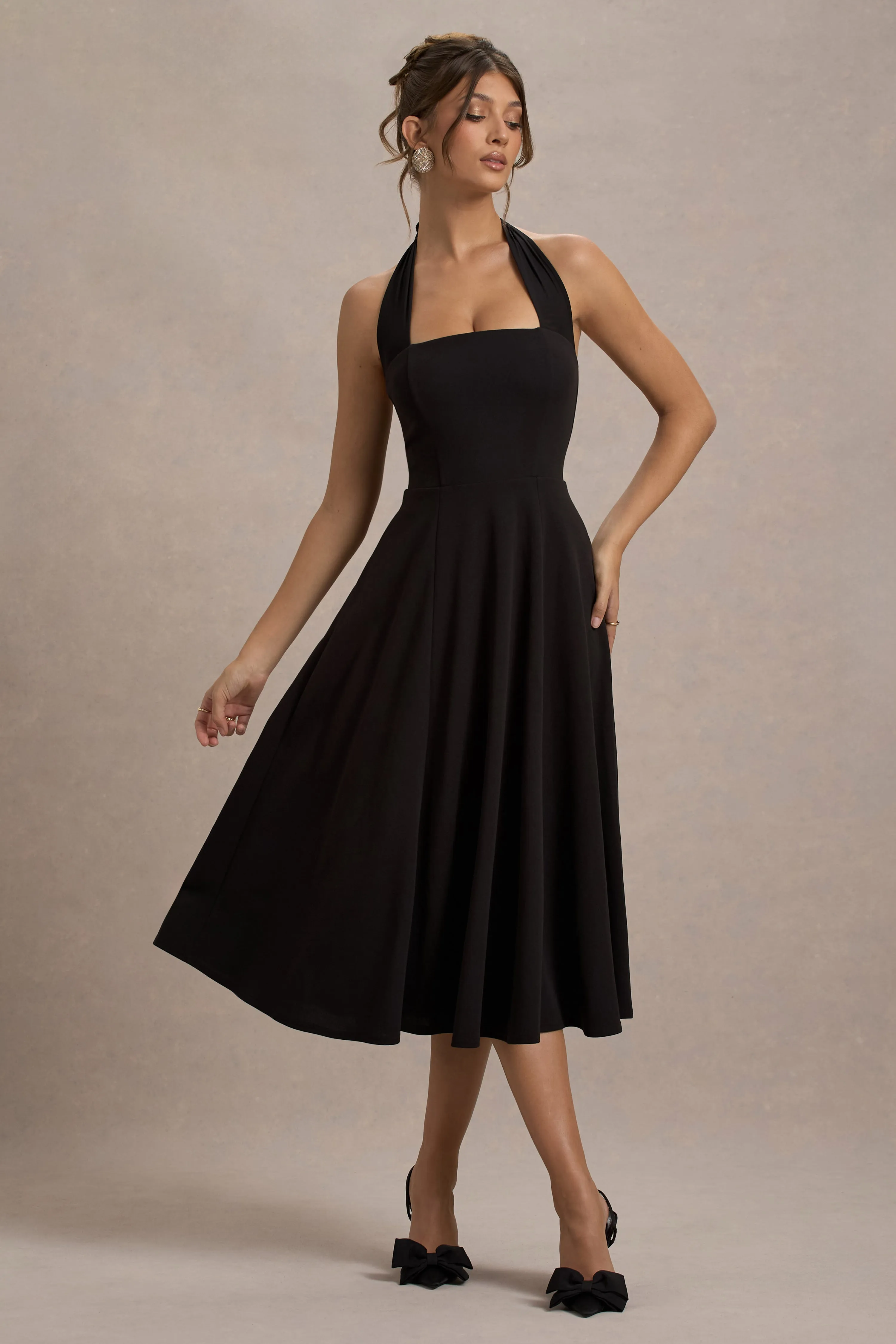 Auburn | Black Halter Skater Midi Dress Club L London