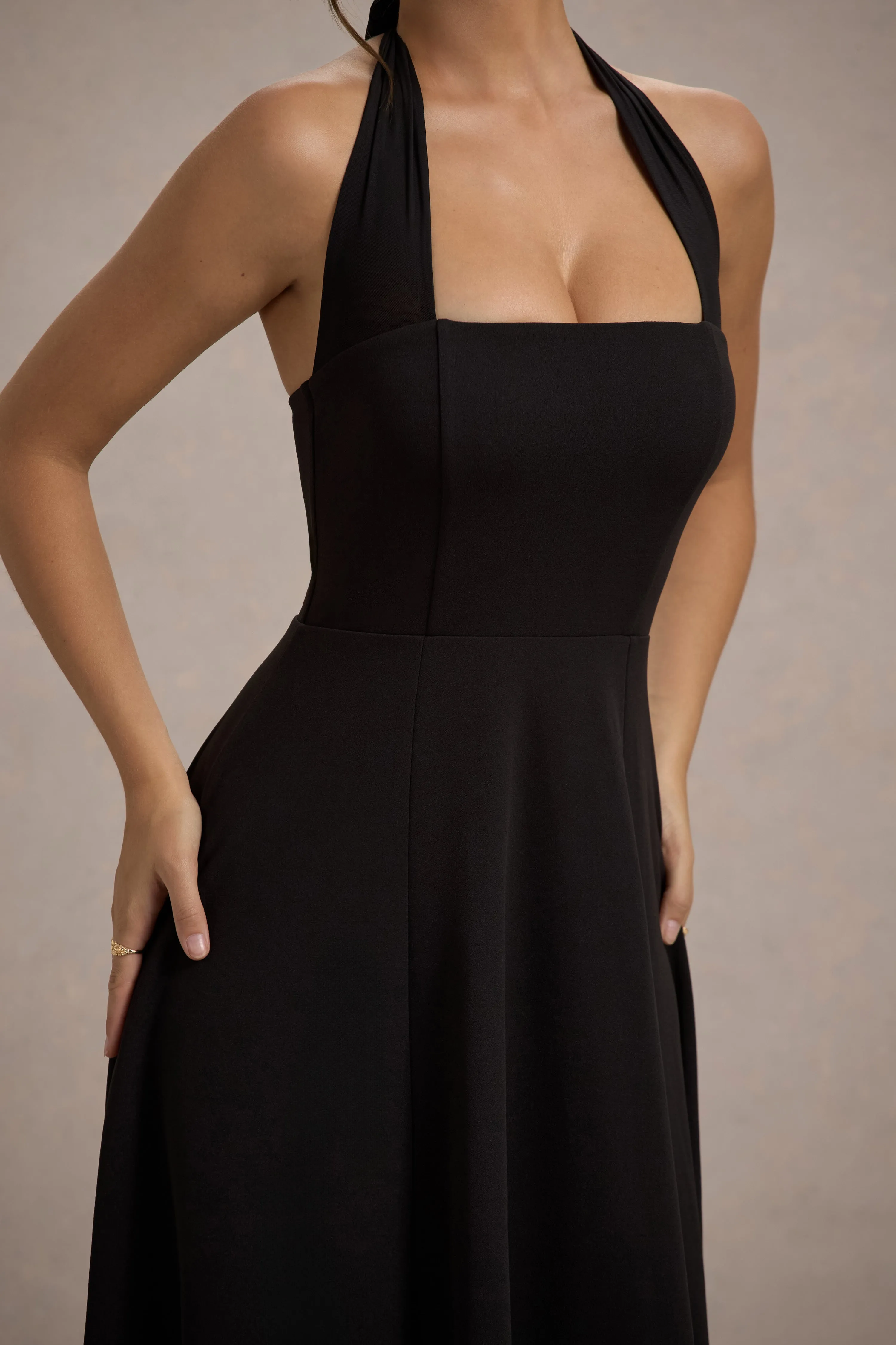 Auburn | Black Halter Skater Midi Dress Club L London