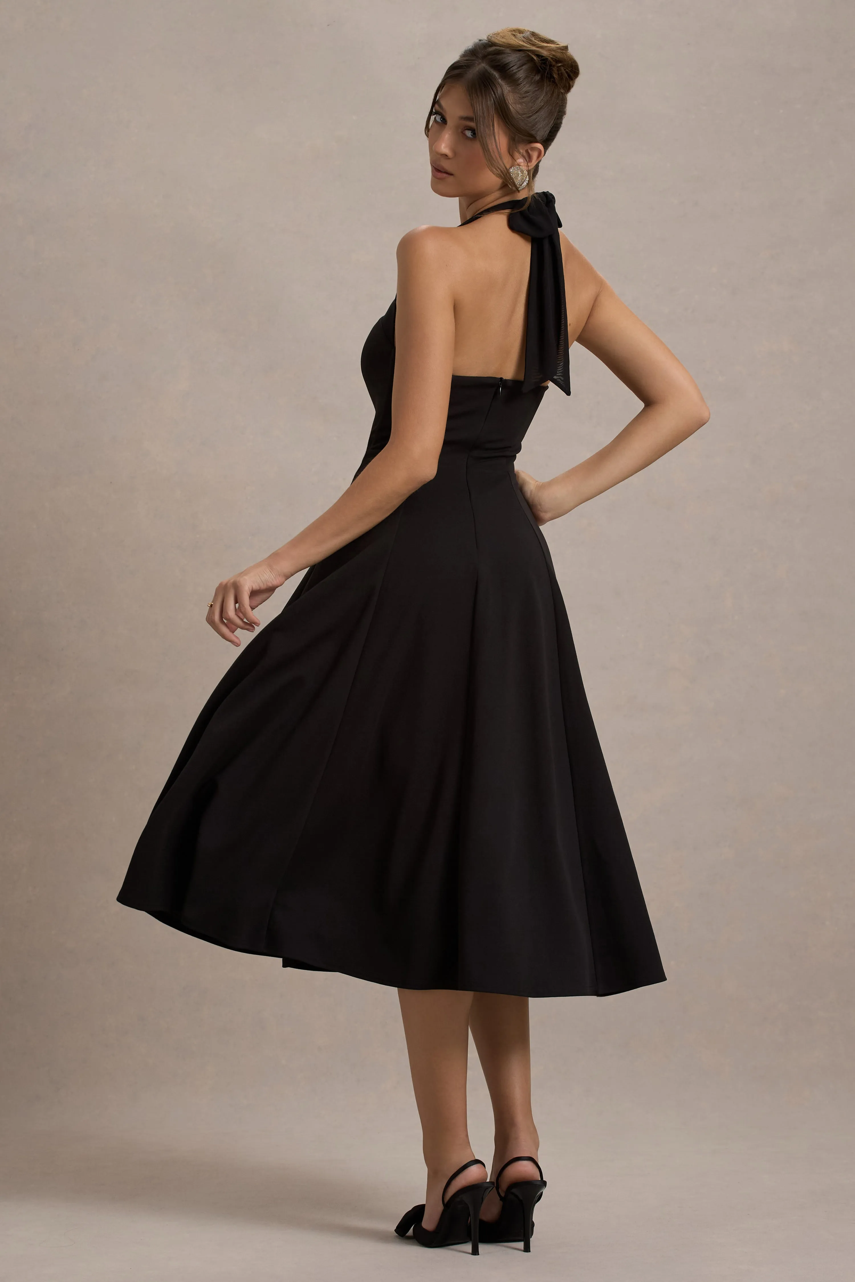 Auburn | Black Halter Skater Midi Dress Club L London
