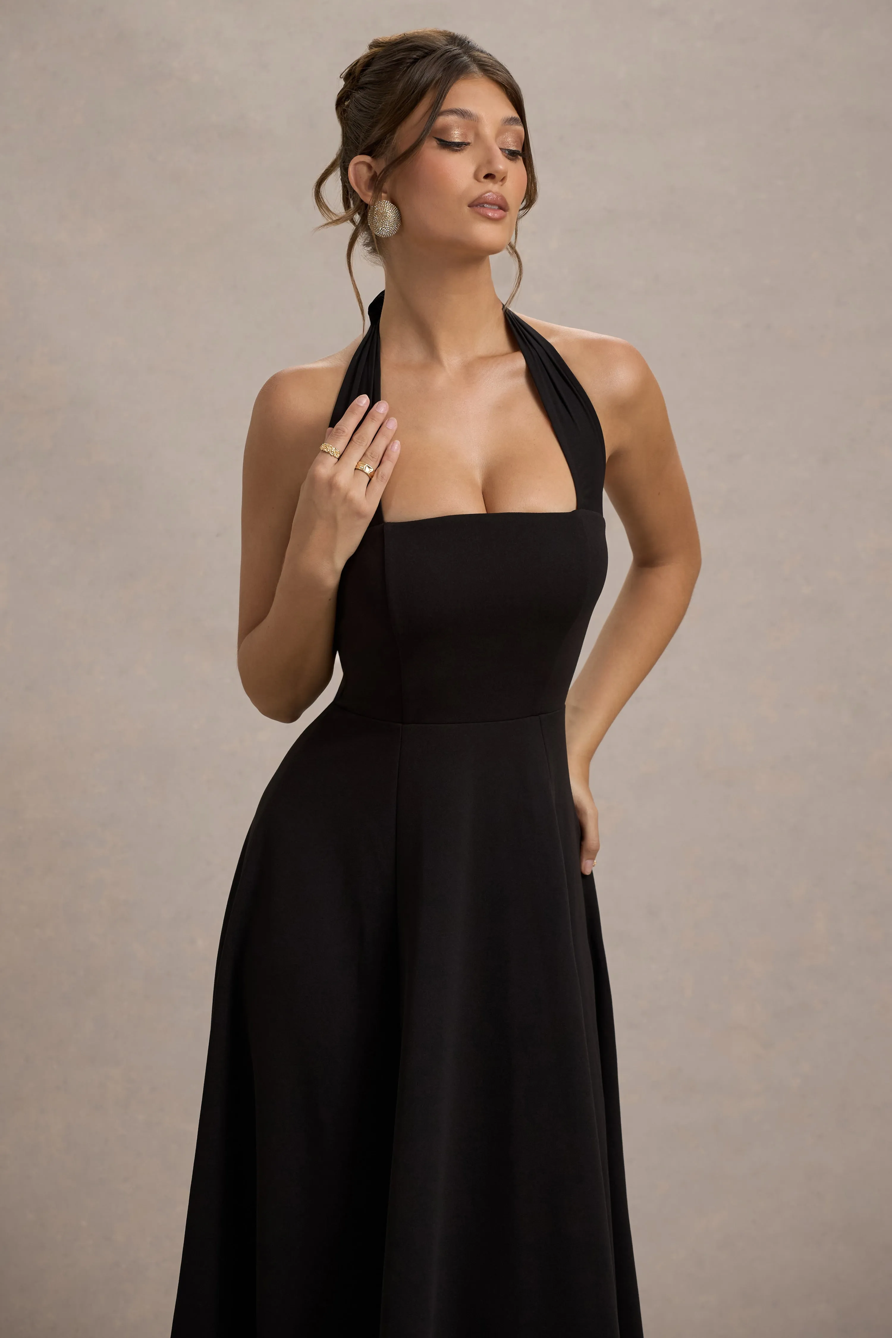 Auburn | Black Halter Skater Midi Dress Club L London