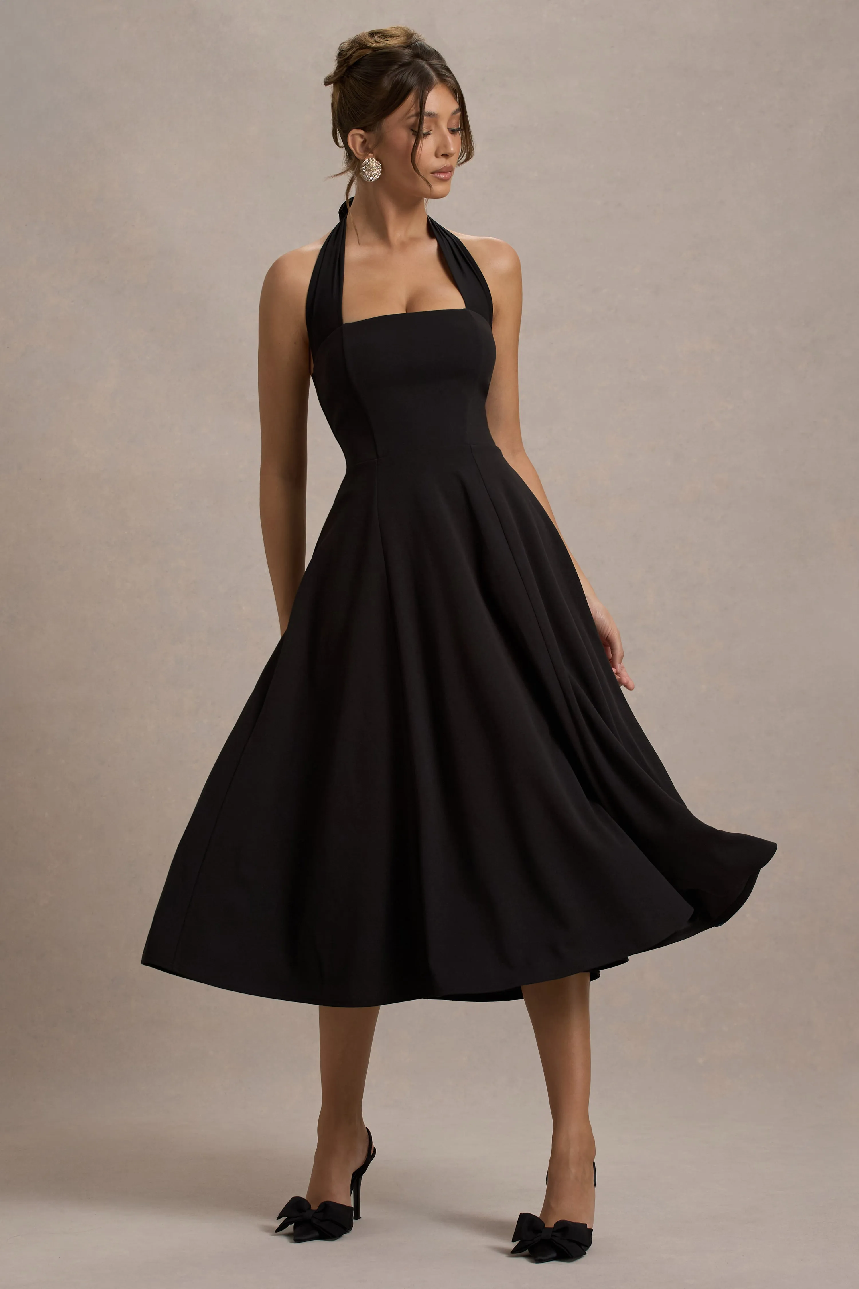 Auburn | Black Halter Skater Midi Dress Club L London