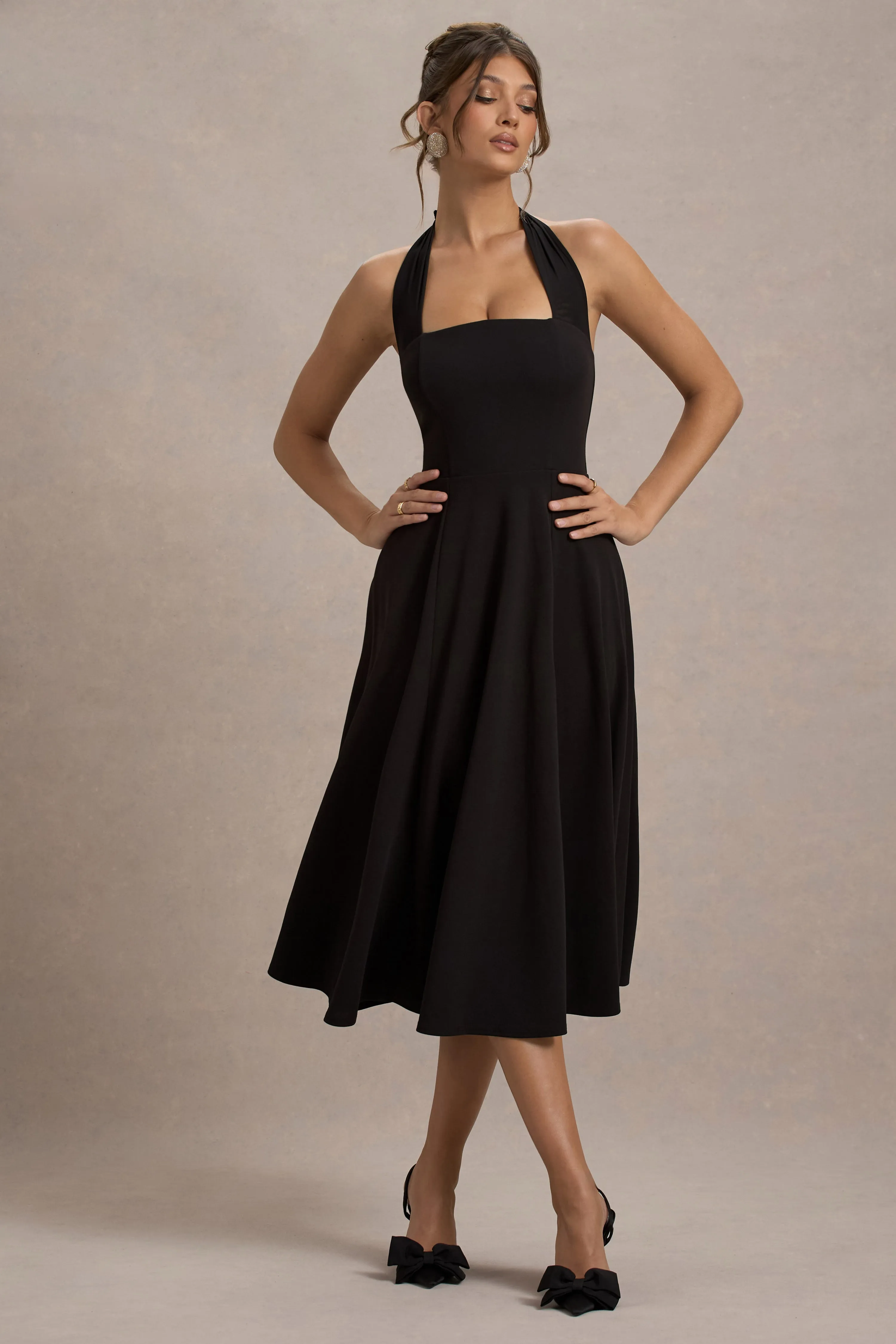 Auburn | Black Halter Skater Midi Dress Club L London