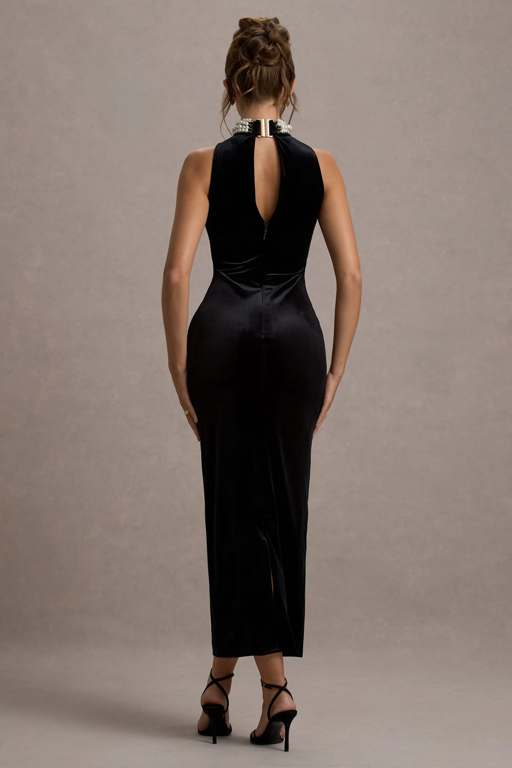 Audrine | Black Velvet Embellished High-Neck Maxi Dress Club L London