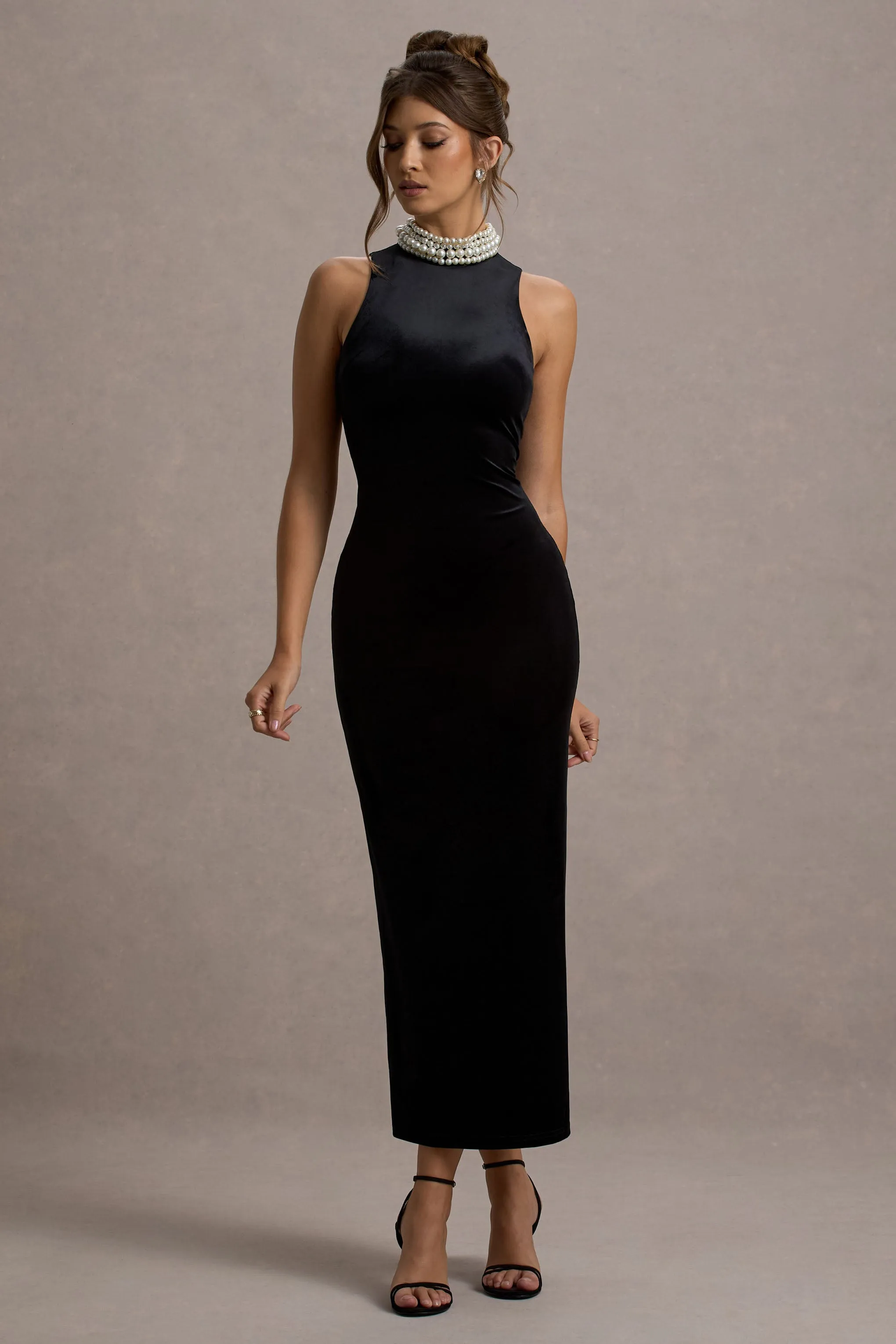 Audrine | Black Velvet Embellished High-Neck Maxi Dress Club L London