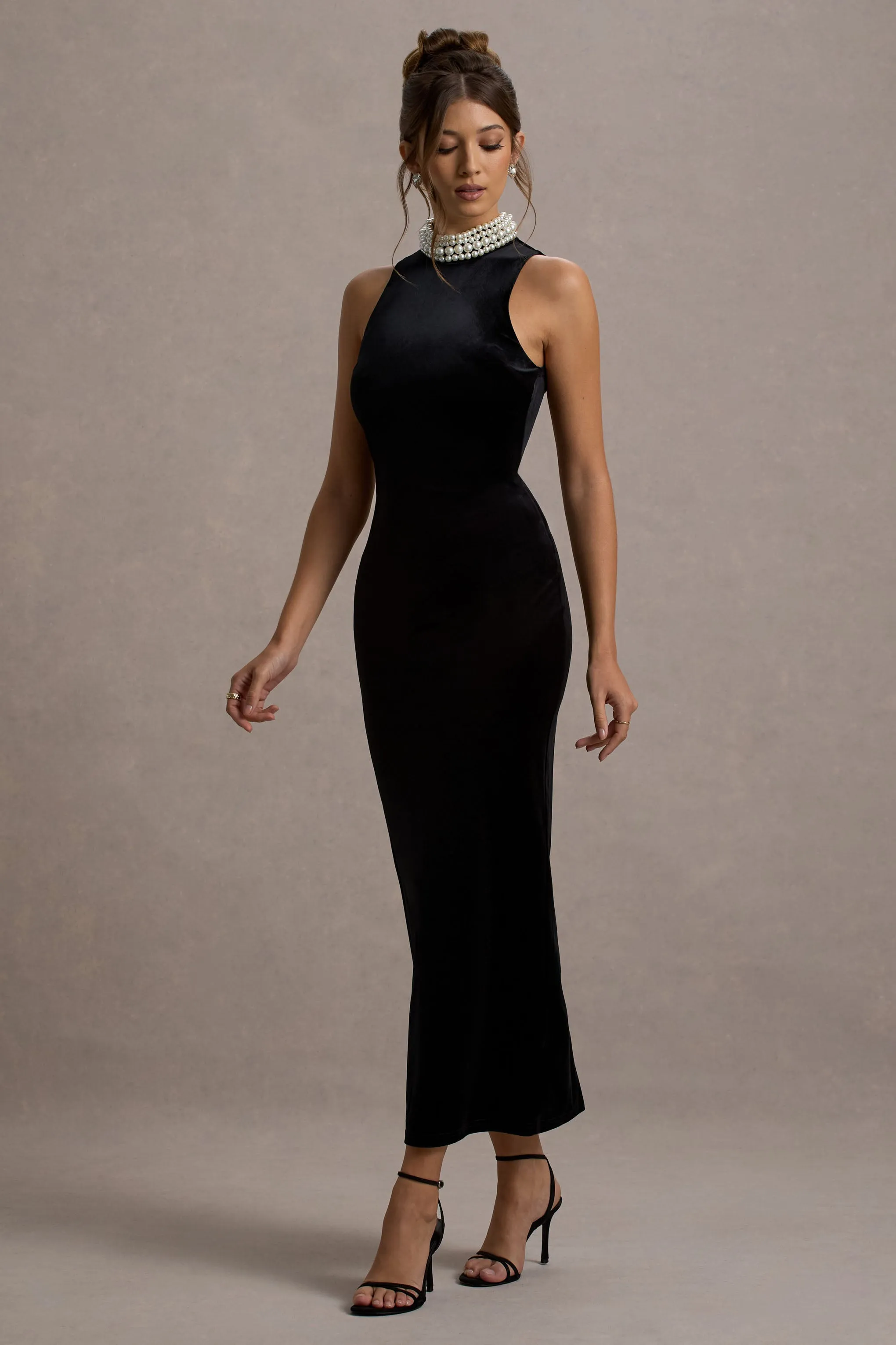 Audrine | Black Velvet Embellished High-Neck Maxi Dress Club L London