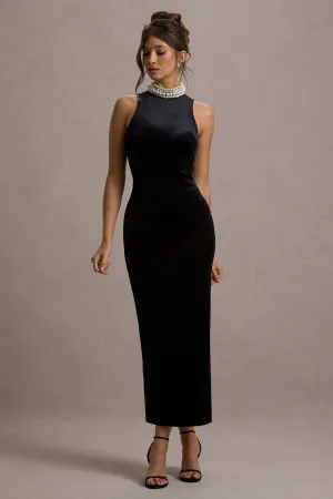 Audrine | Black Velvet Embellished High-Neck Maxi Dress Club L London