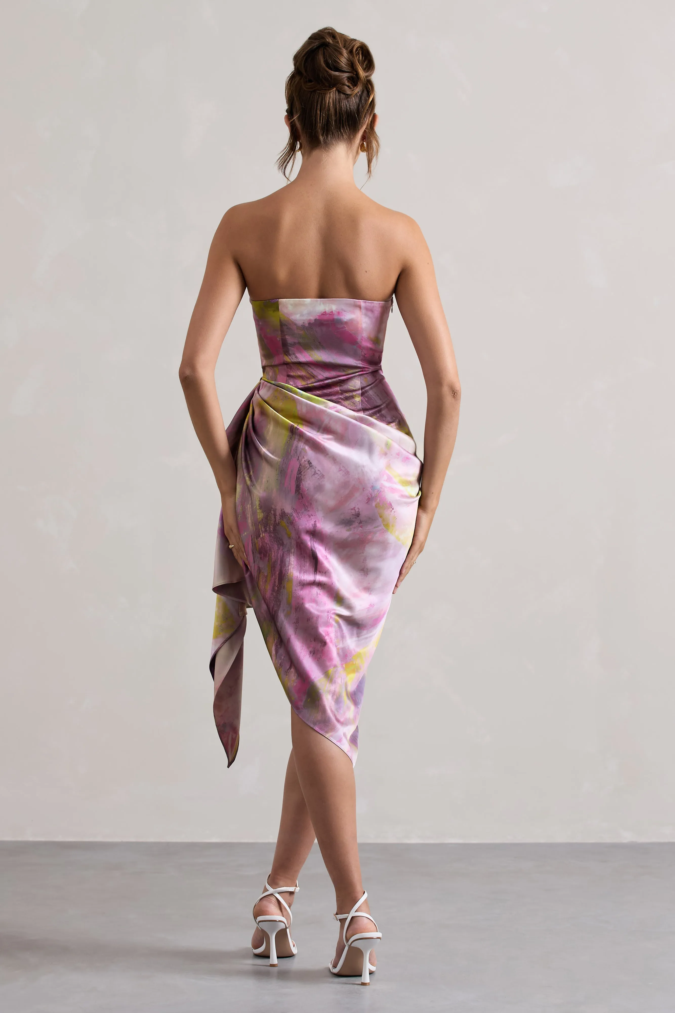 Axel | Lilac Print Satin Strapless Wrap Midi Dress Club L London