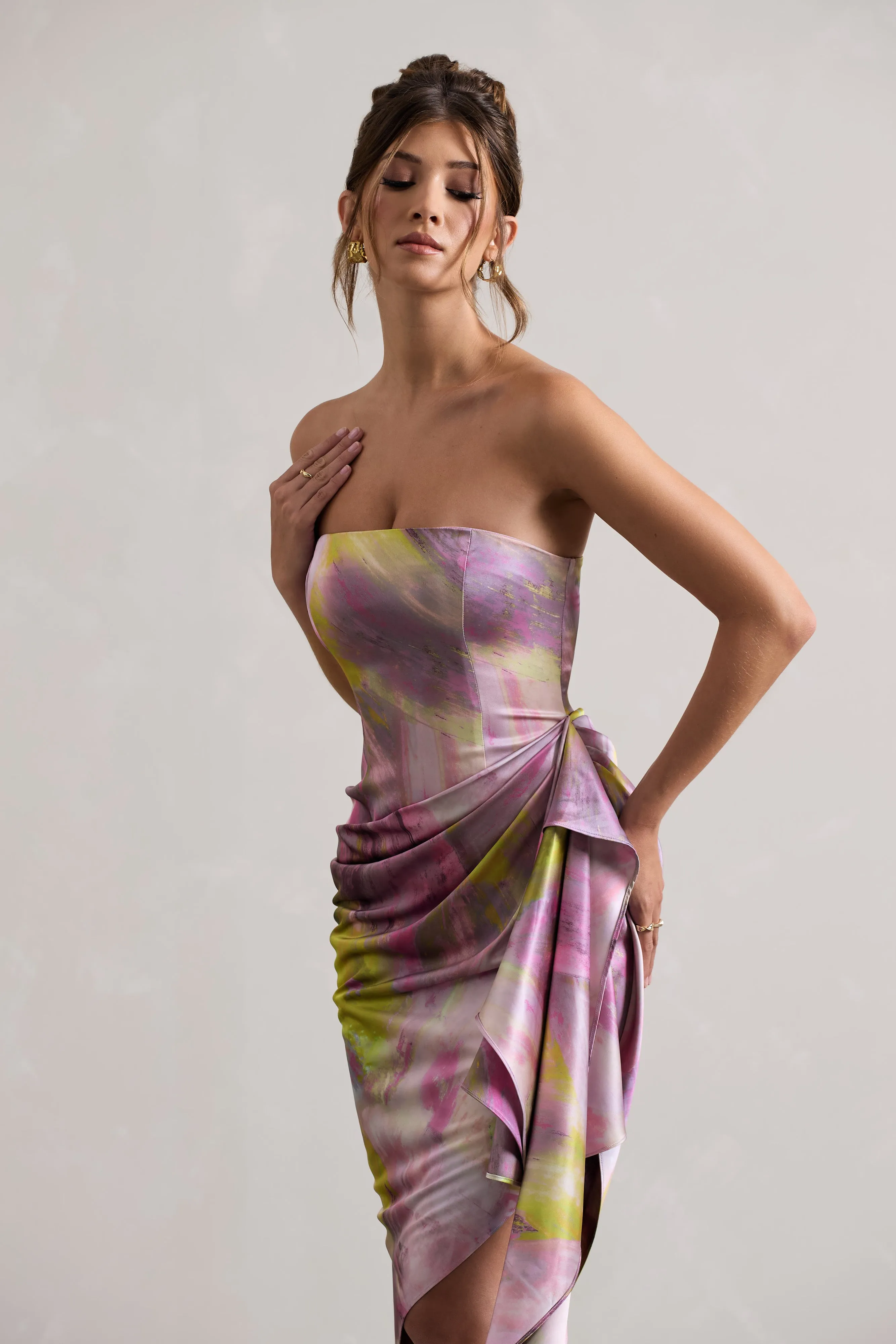 Axel | Lilac Print Satin Strapless Wrap Midi Dress Club L London