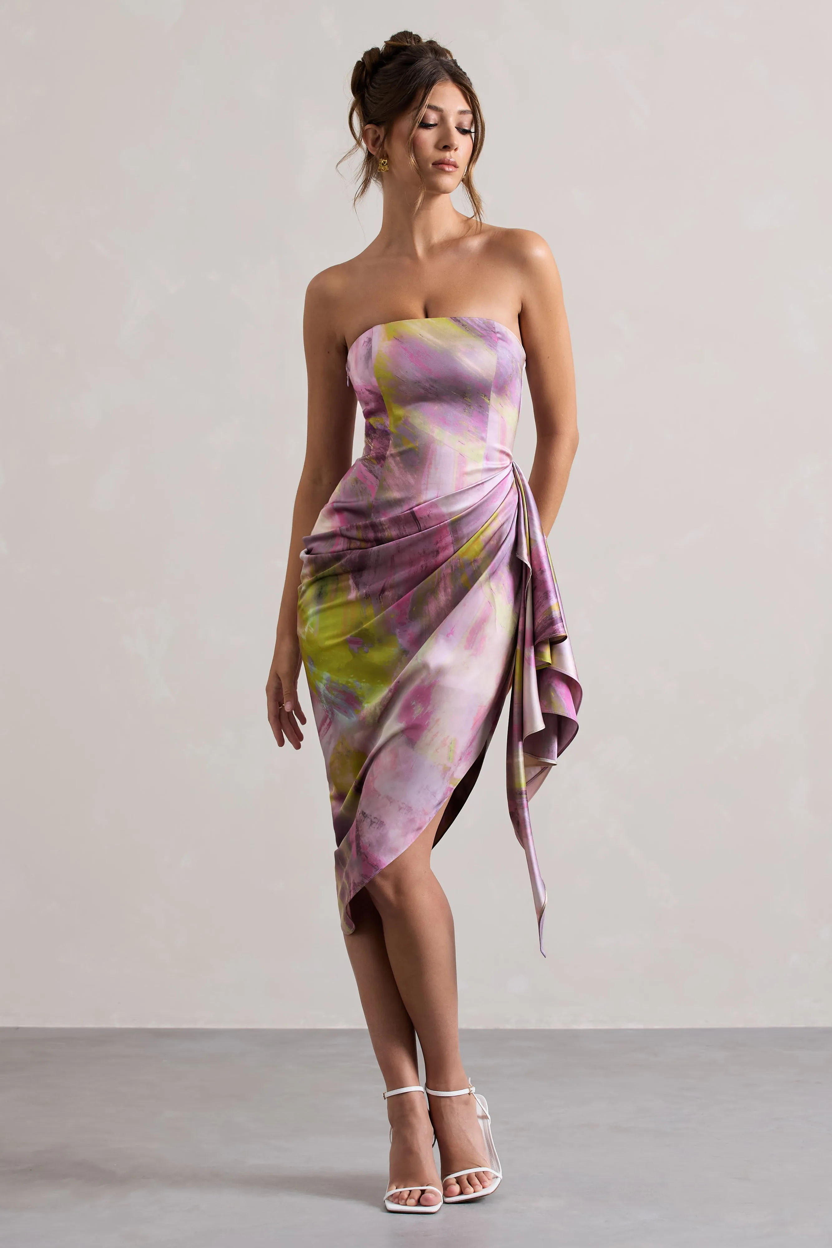 Axel | Lilac Print Satin Strapless Wrap Midi Dress Club L London