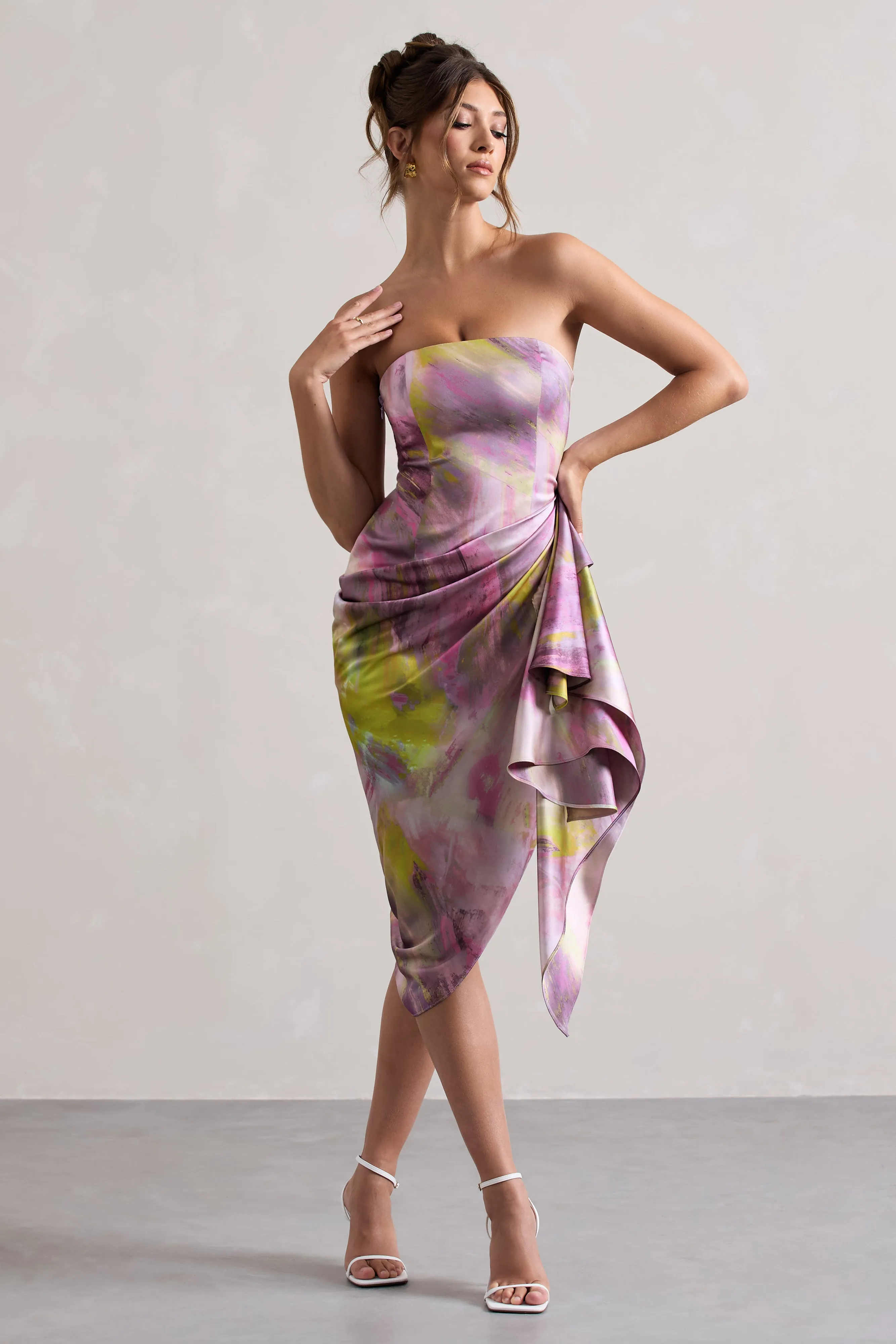 Axel | Lilac Print Satin Strapless Wrap Midi Dress Club L London