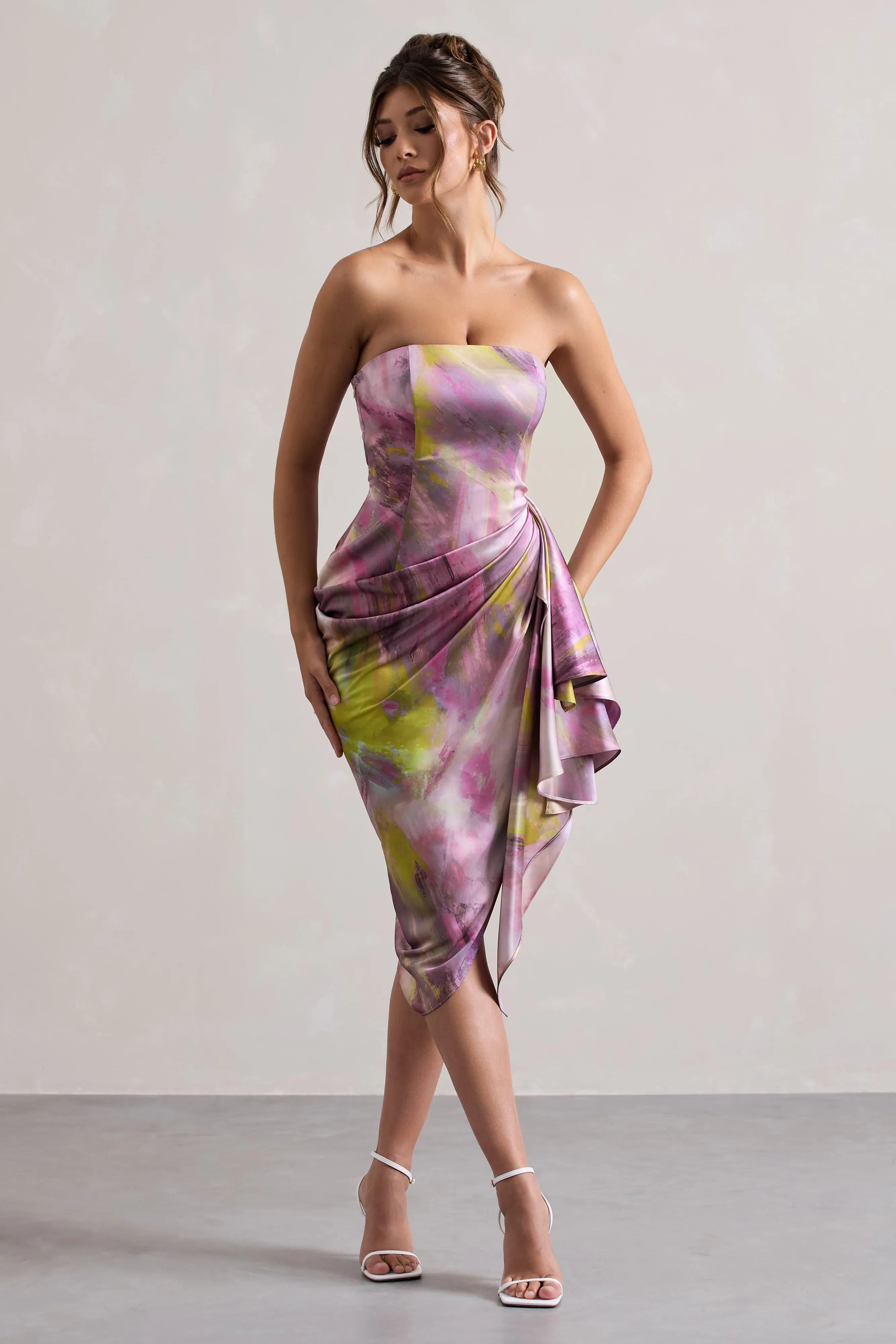 Axel | Lilac Print Satin Strapless Wrap Midi Dress Club L London