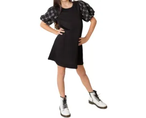 Beaded Bubble Sleeve Shift Dress In Black