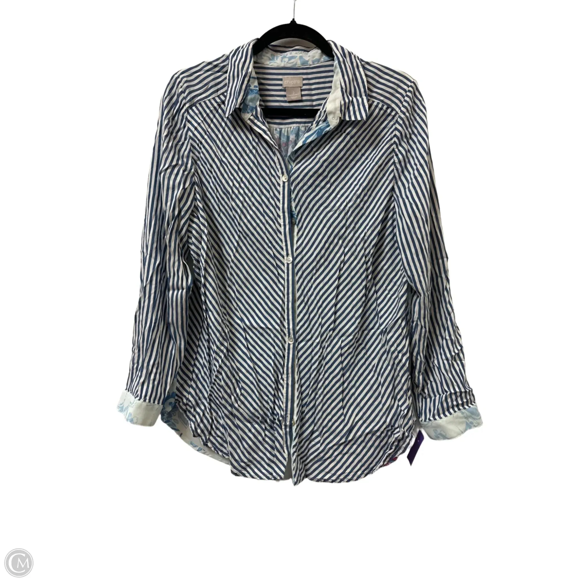 Blouse Long Sleeve By Chicos In Blue & White, Size: L