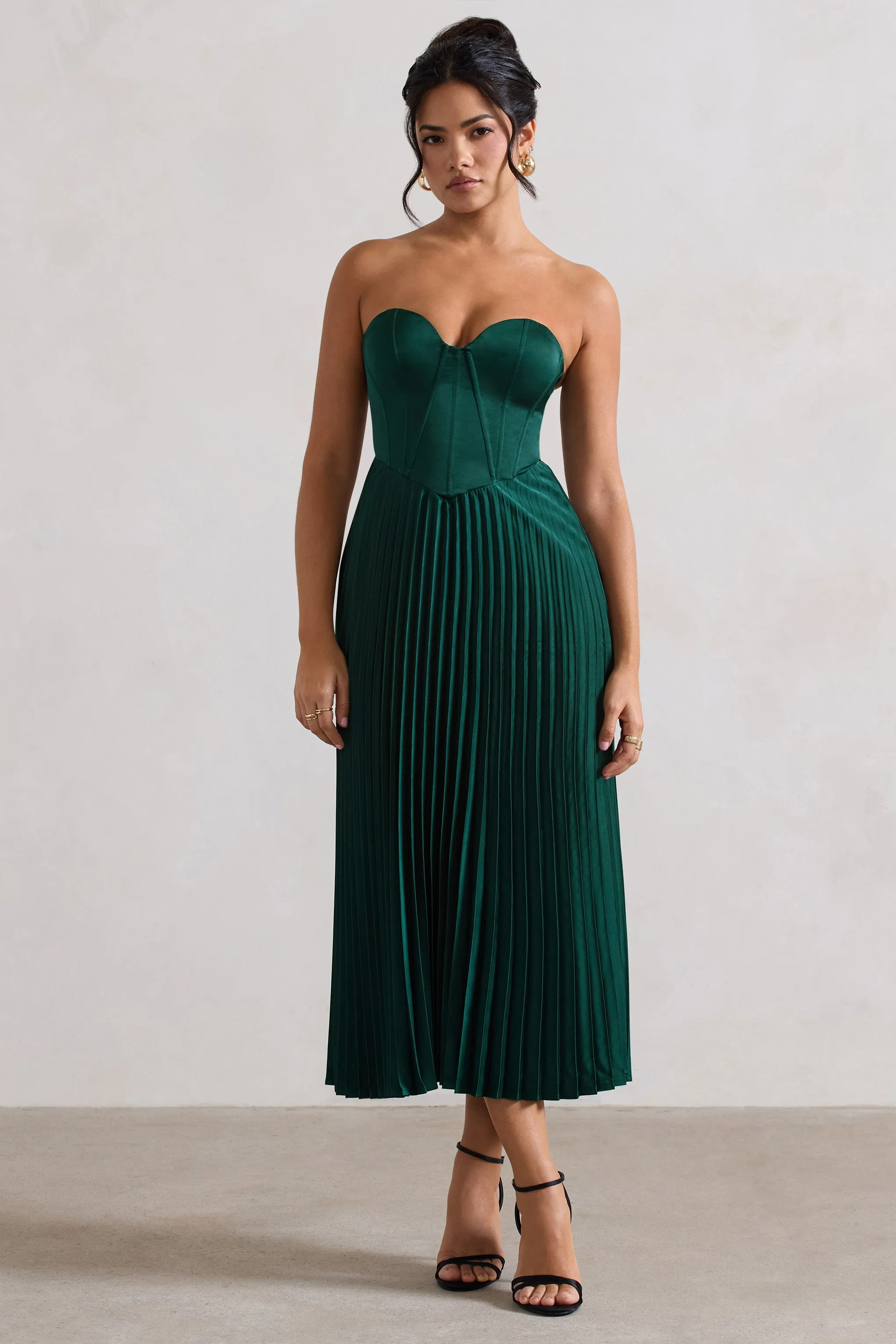Bordeaux | Bottle Green Satin Corset Style Midi Dress Club L London