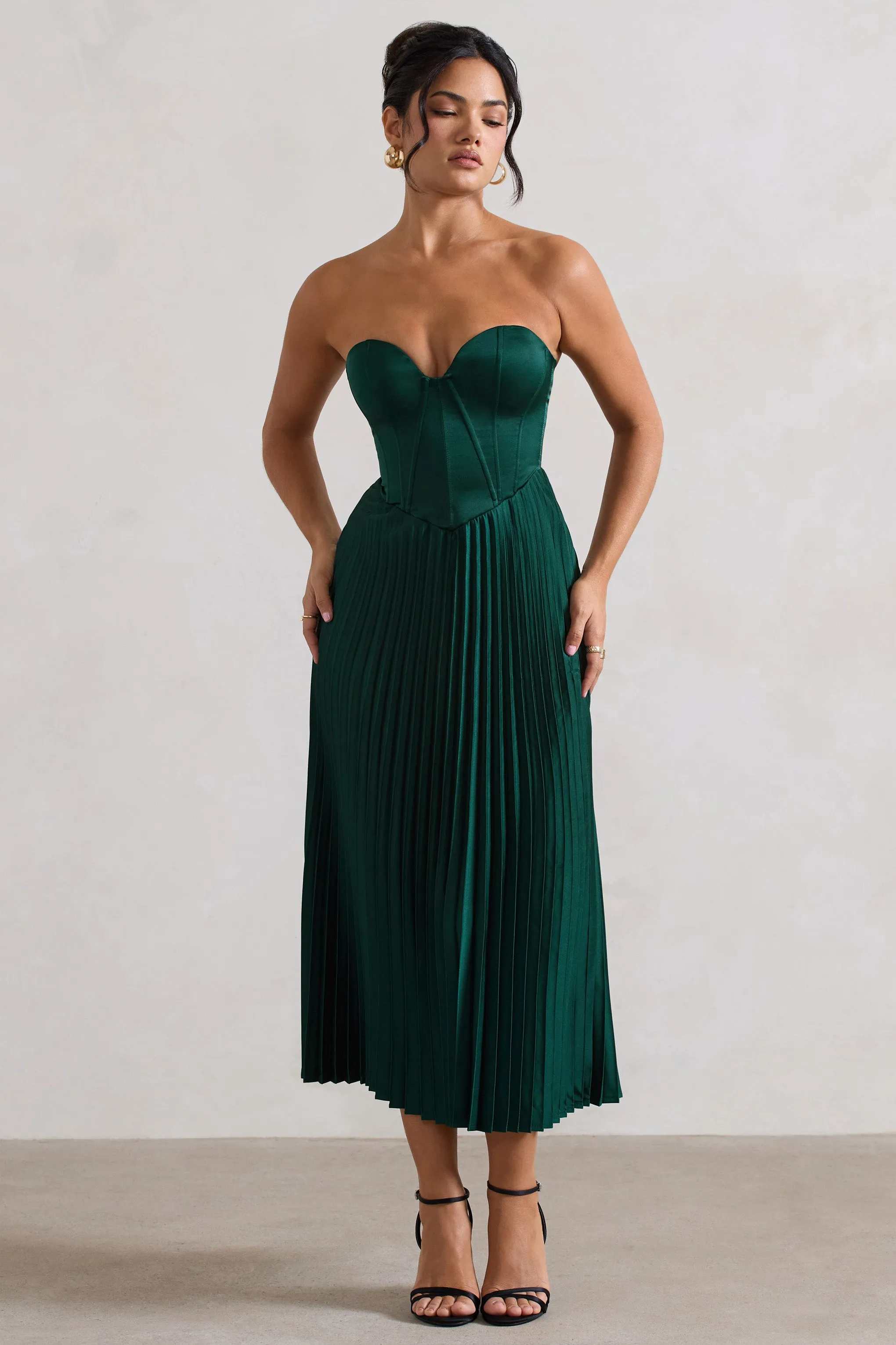 Bordeaux | Bottle Green Satin Corset Style Midi Dress Club L London