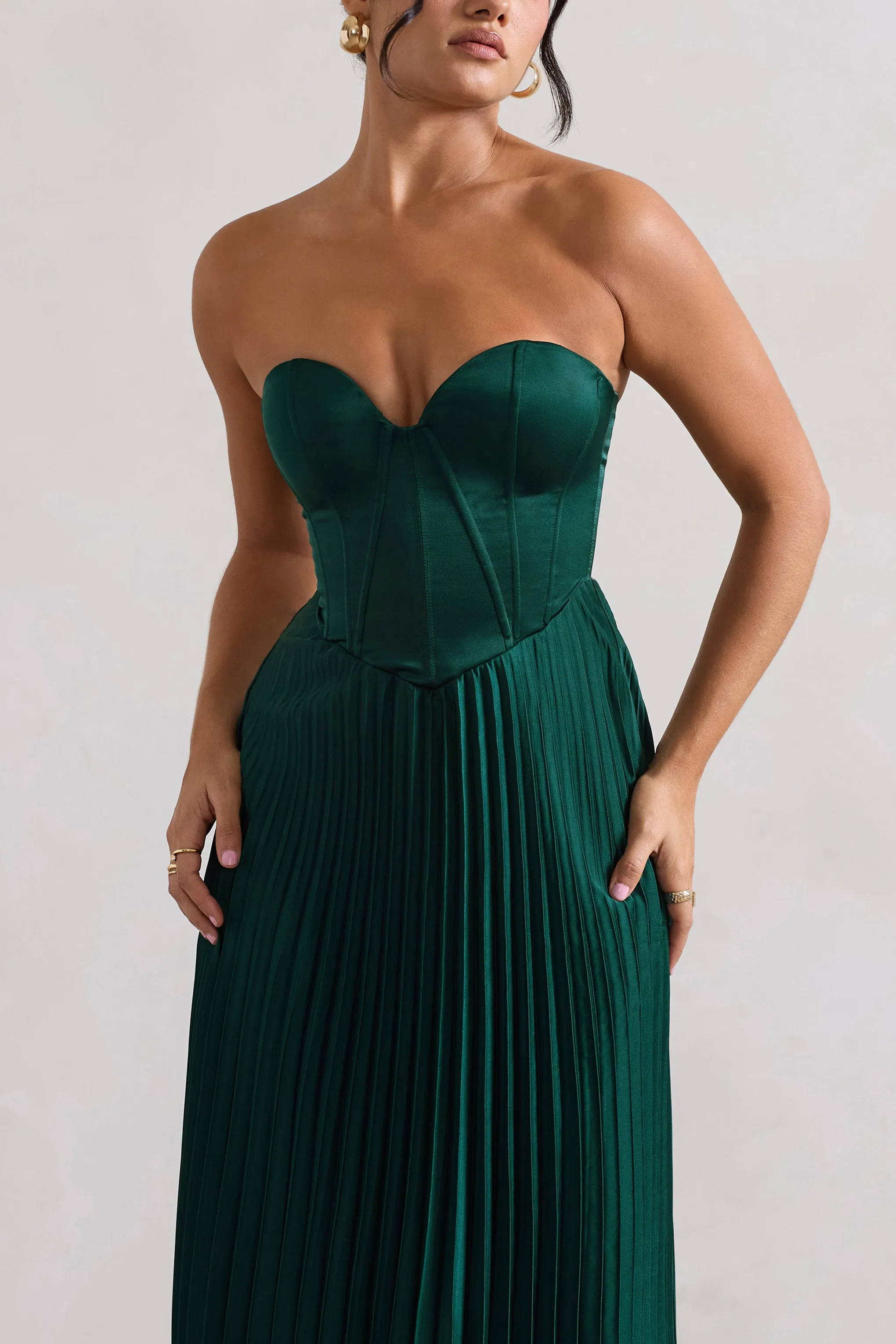 Bordeaux | Bottle Green Satin Corset Style Midi Dress Club L London