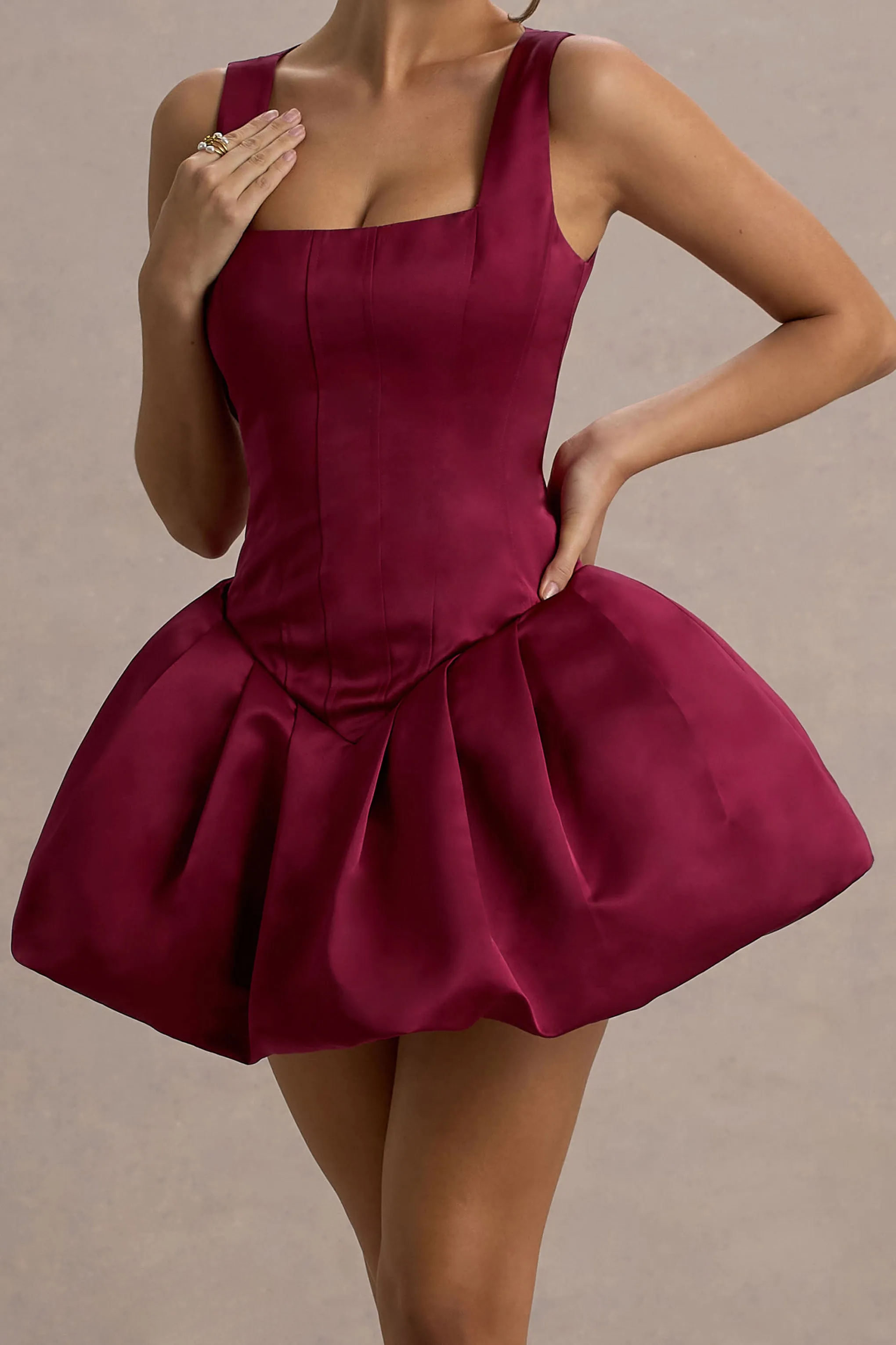 Bramble | Port Satin Square-Neck Puffball Mini Dress Club L London