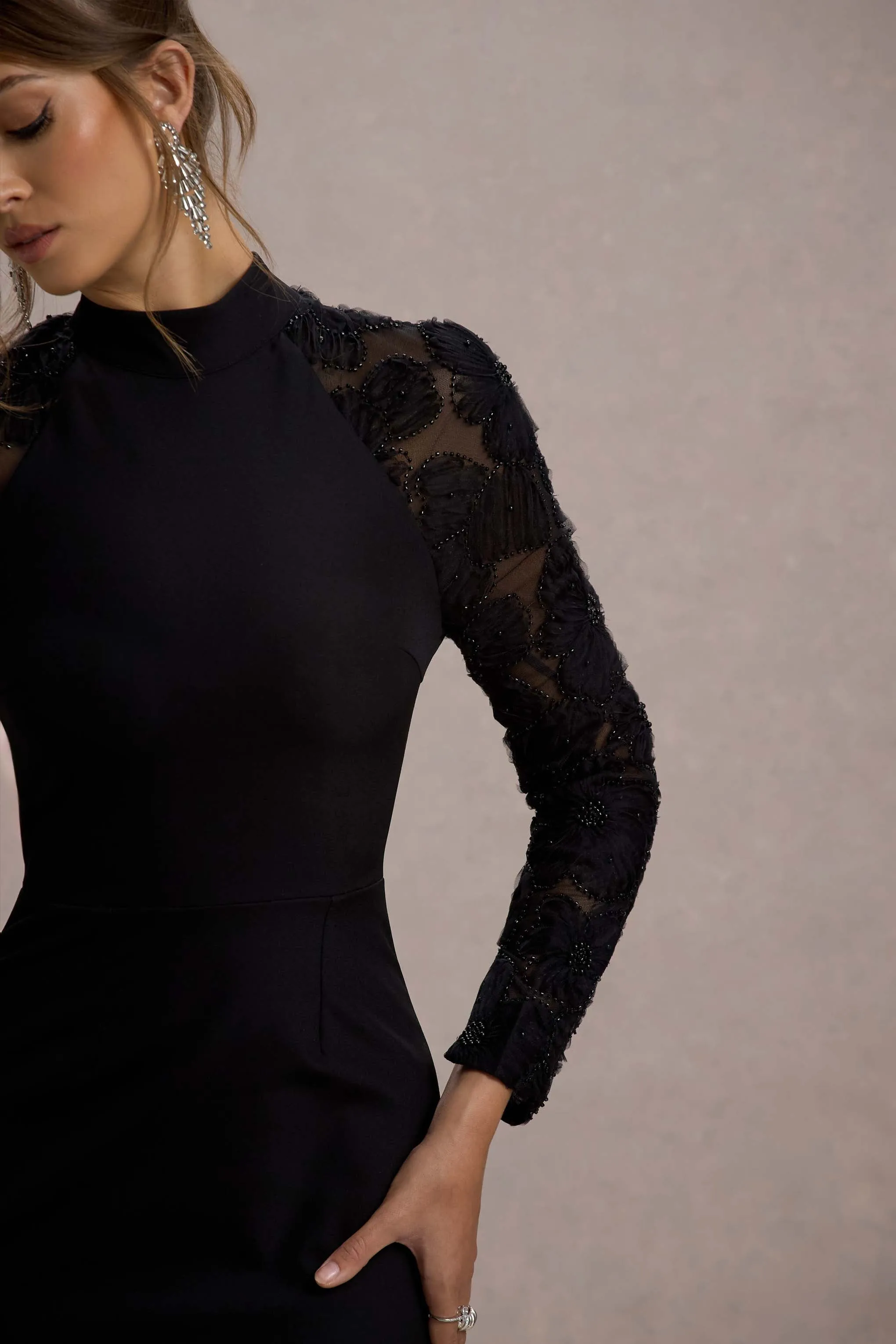 Chandra | Black Mesh Long-Sleeve Midi Dress With Ruffle Hem Club L London