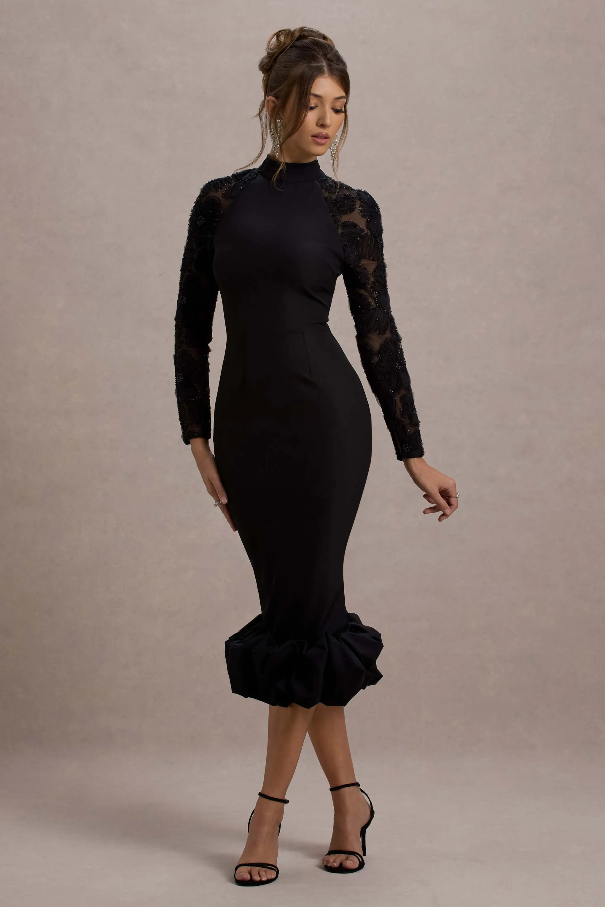 Chandra | Black Mesh Long-Sleeve Midi Dress With Ruffle Hem Club L London