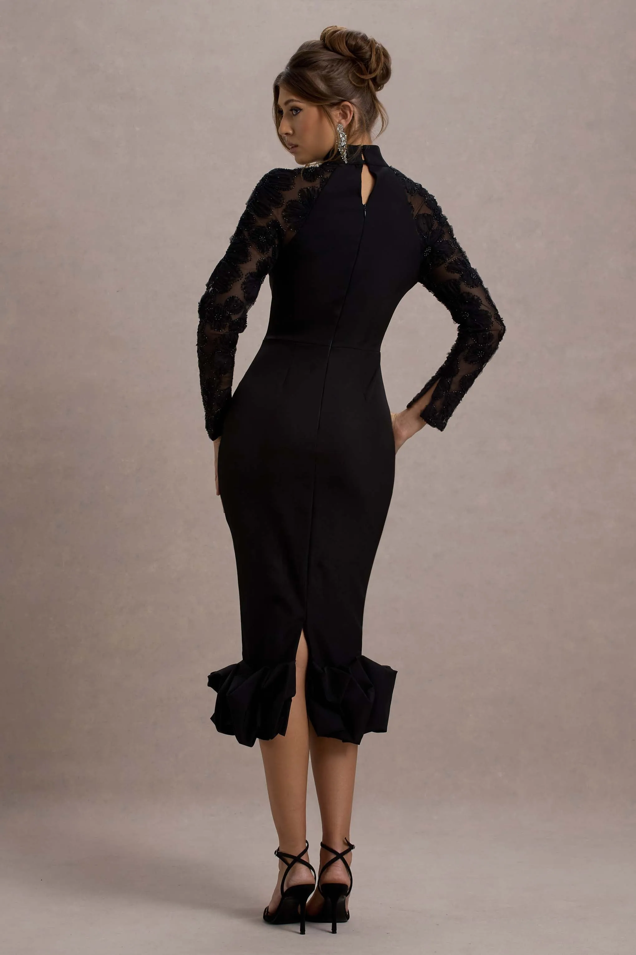 Chandra | Black Mesh Long-Sleeve Midi Dress With Ruffle Hem Club L London