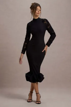 Chandra | Black Mesh Long-Sleeve Midi Dress With Ruffle Hem Club L London