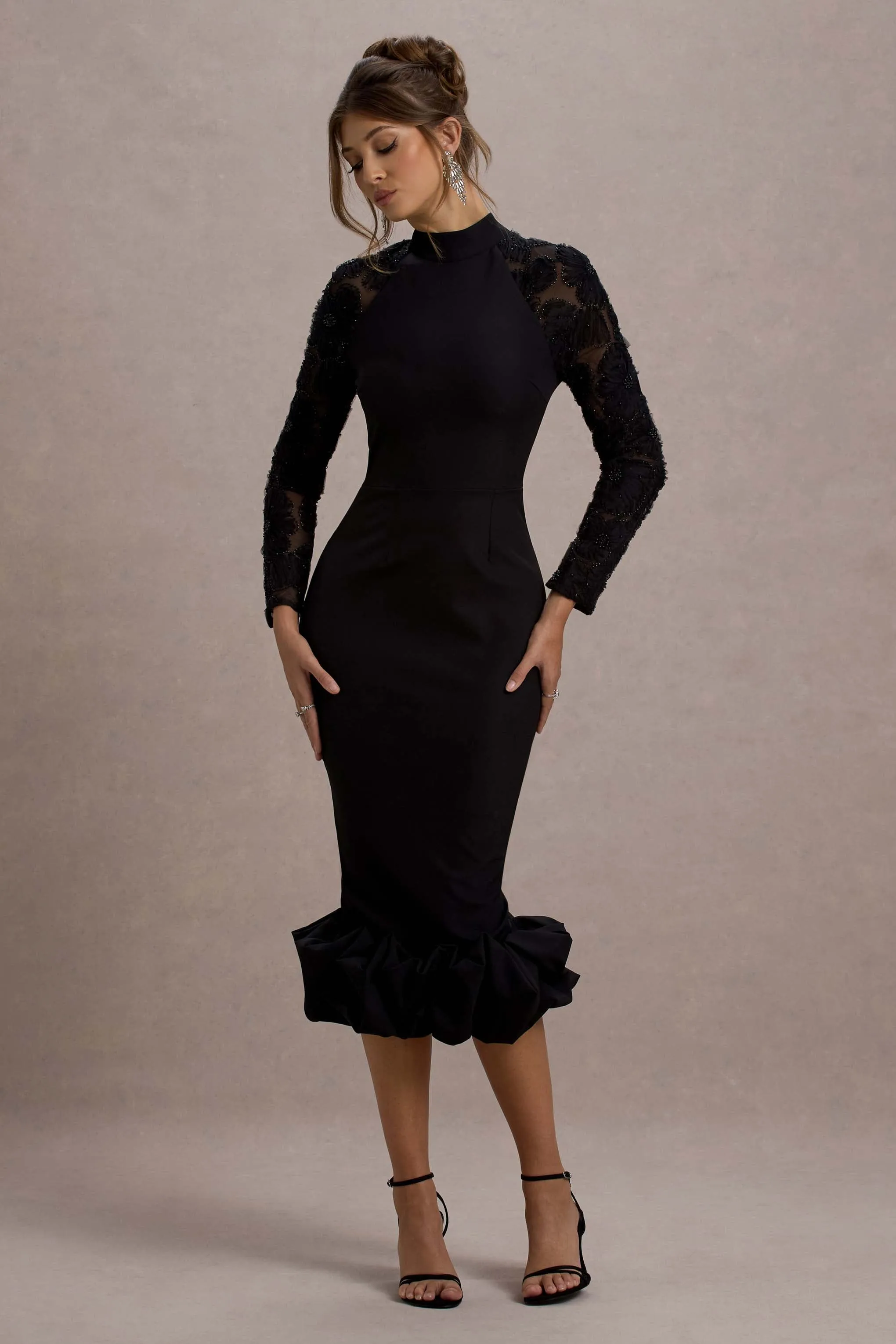 Chandra | Black Mesh Long-Sleeve Midi Dress With Ruffle Hem Club L London