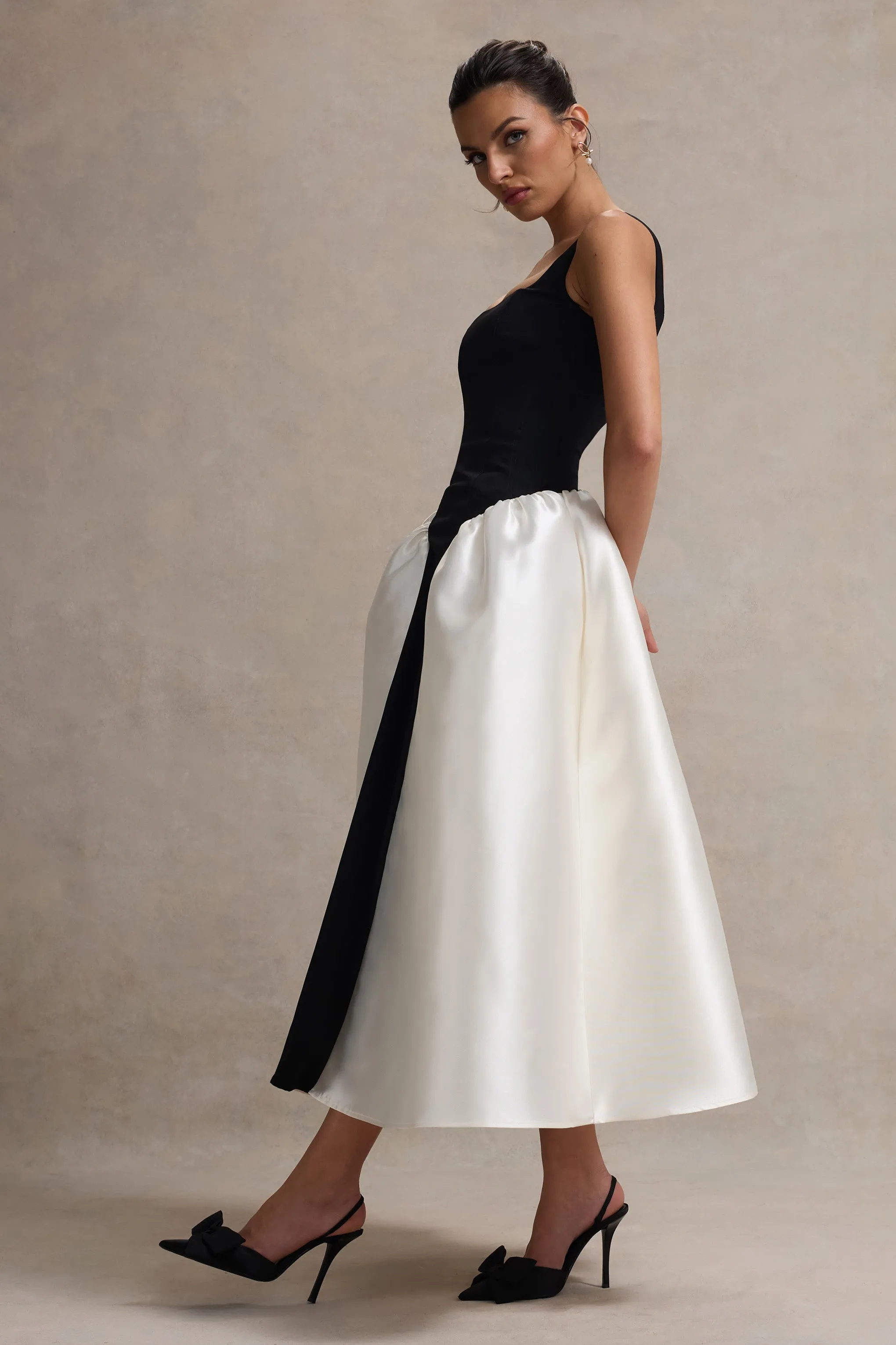 Christie | Black and Cream Scoop-Neck Midi Dress With Volume Skirt Club L London