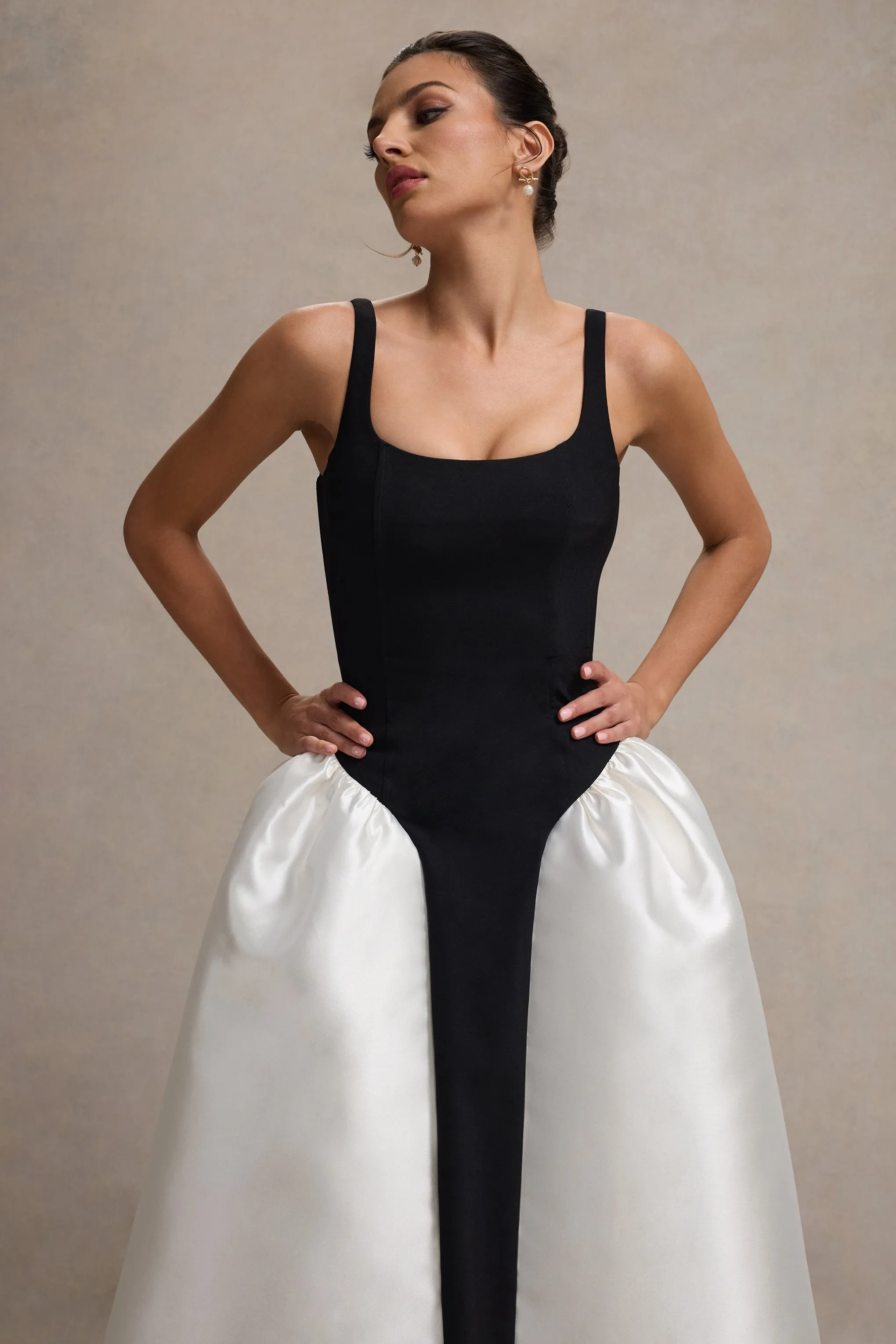 Christie | Black and Cream Scoop-Neck Midi Dress With Volume Skirt Club L London
