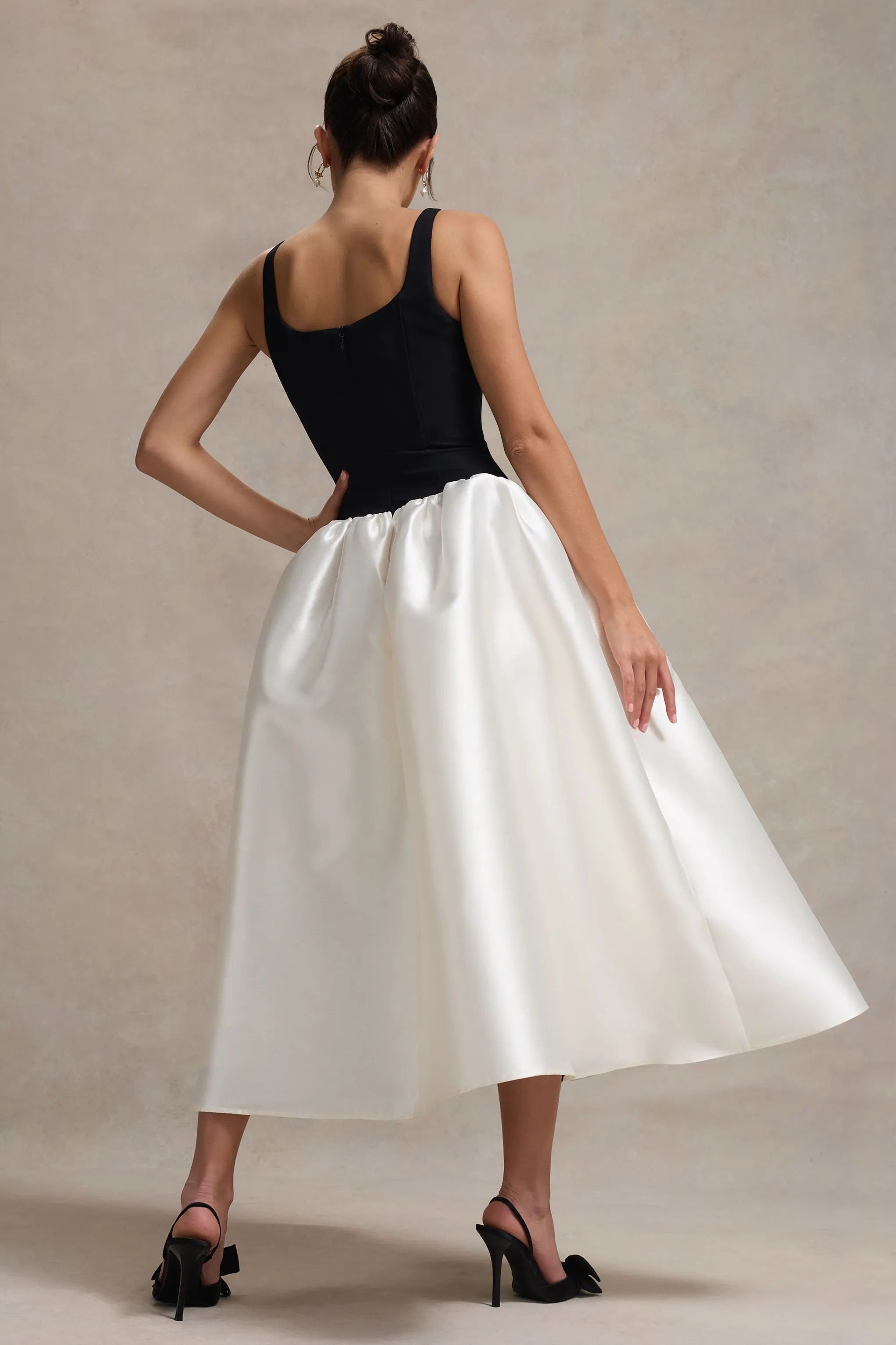 Christie | Black and Cream Scoop-Neck Midi Dress With Volume Skirt Club L London
