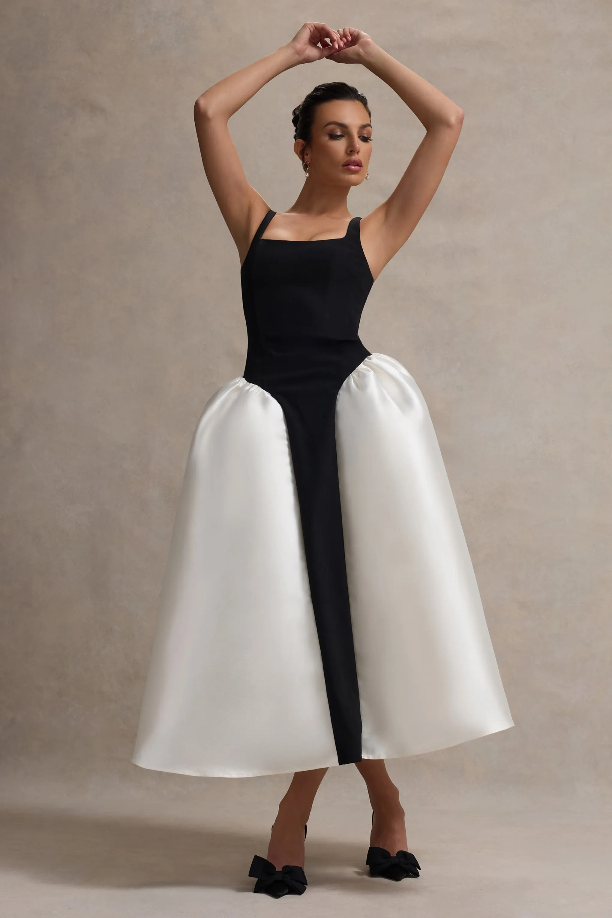 Christie | Black and Cream Scoop-Neck Midi Dress With Volume Skirt Club L London