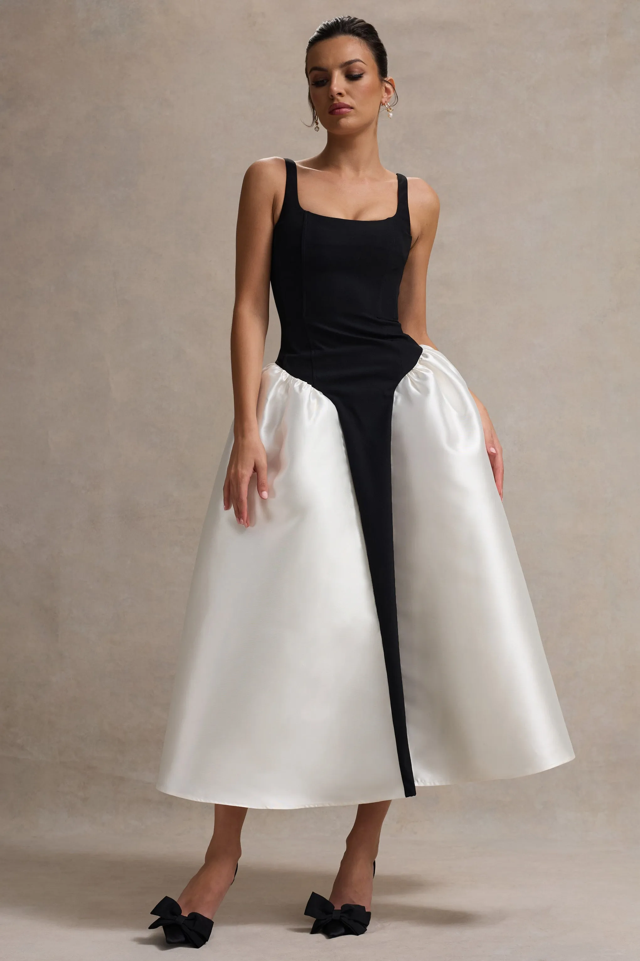 Christie | Black and Cream Scoop-Neck Midi Dress With Volume Skirt Club L London